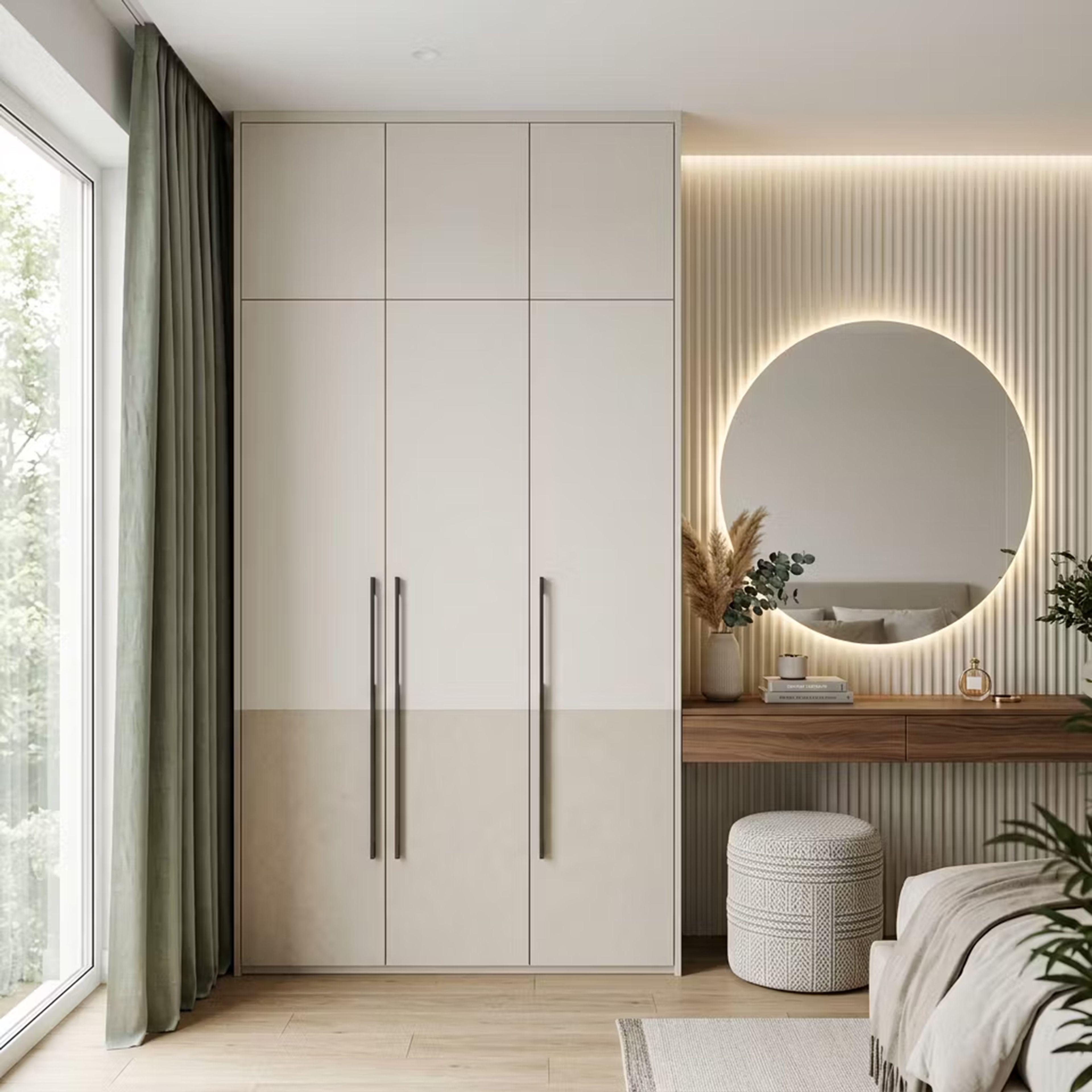 Scandinavian 3-Door Swing Wardrobe Design with White and Cream Doors