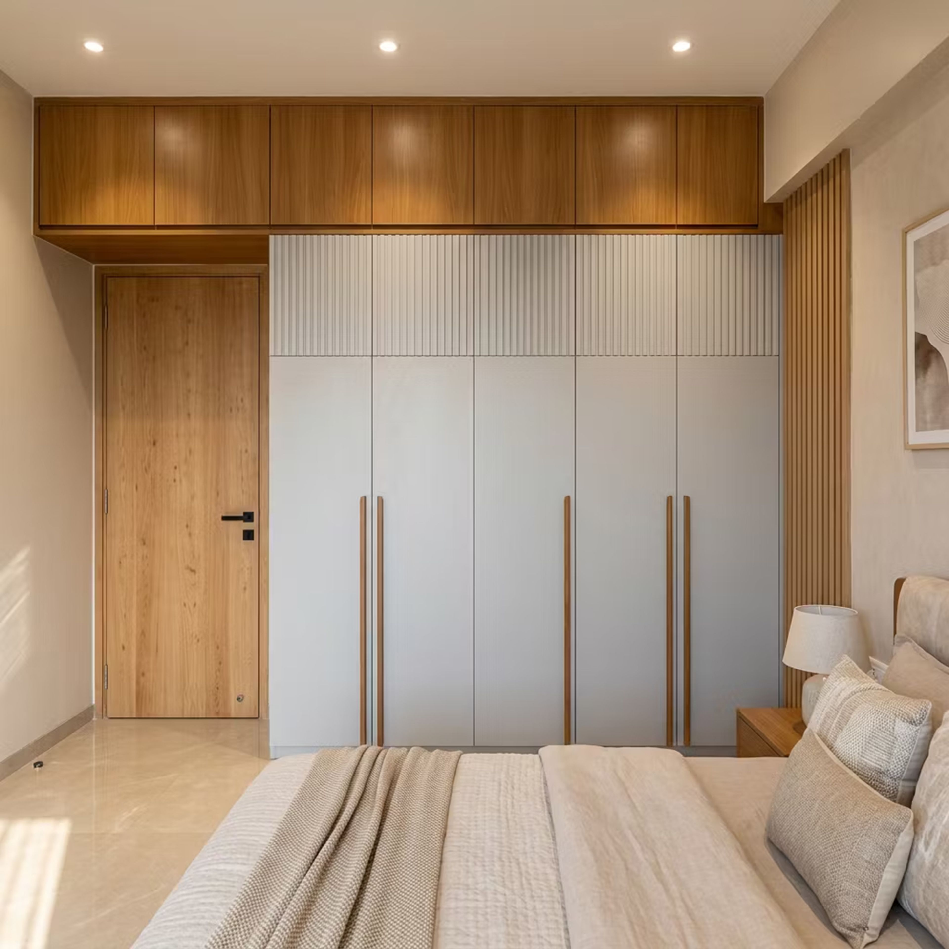 Contemporary Swing Wardrobe Design with Denim Grey Panels and Wooden Overhead Cabinets