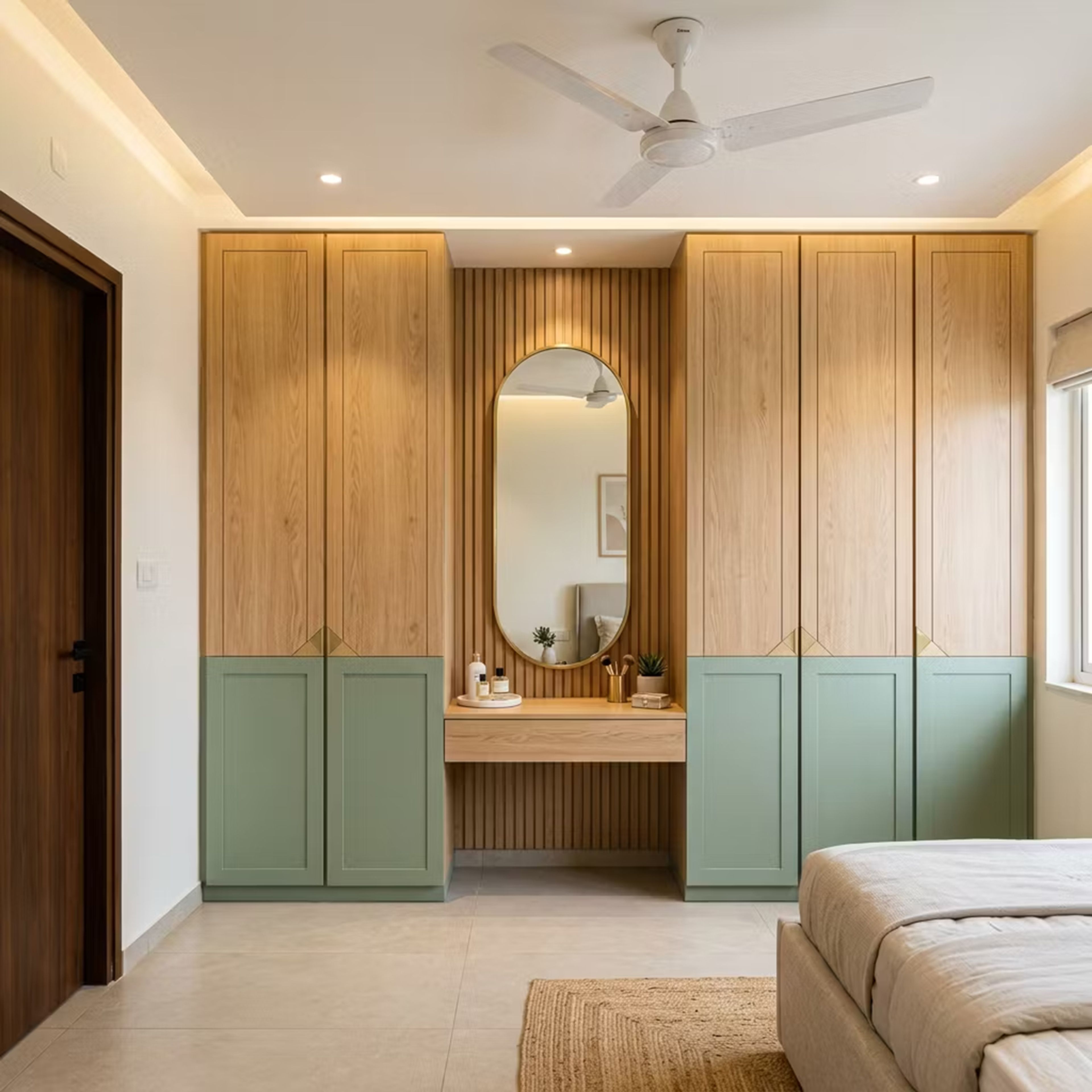 Scandinavian Wardrobe Design with Aqua Green Cabinets and Oval Vanity Mirror