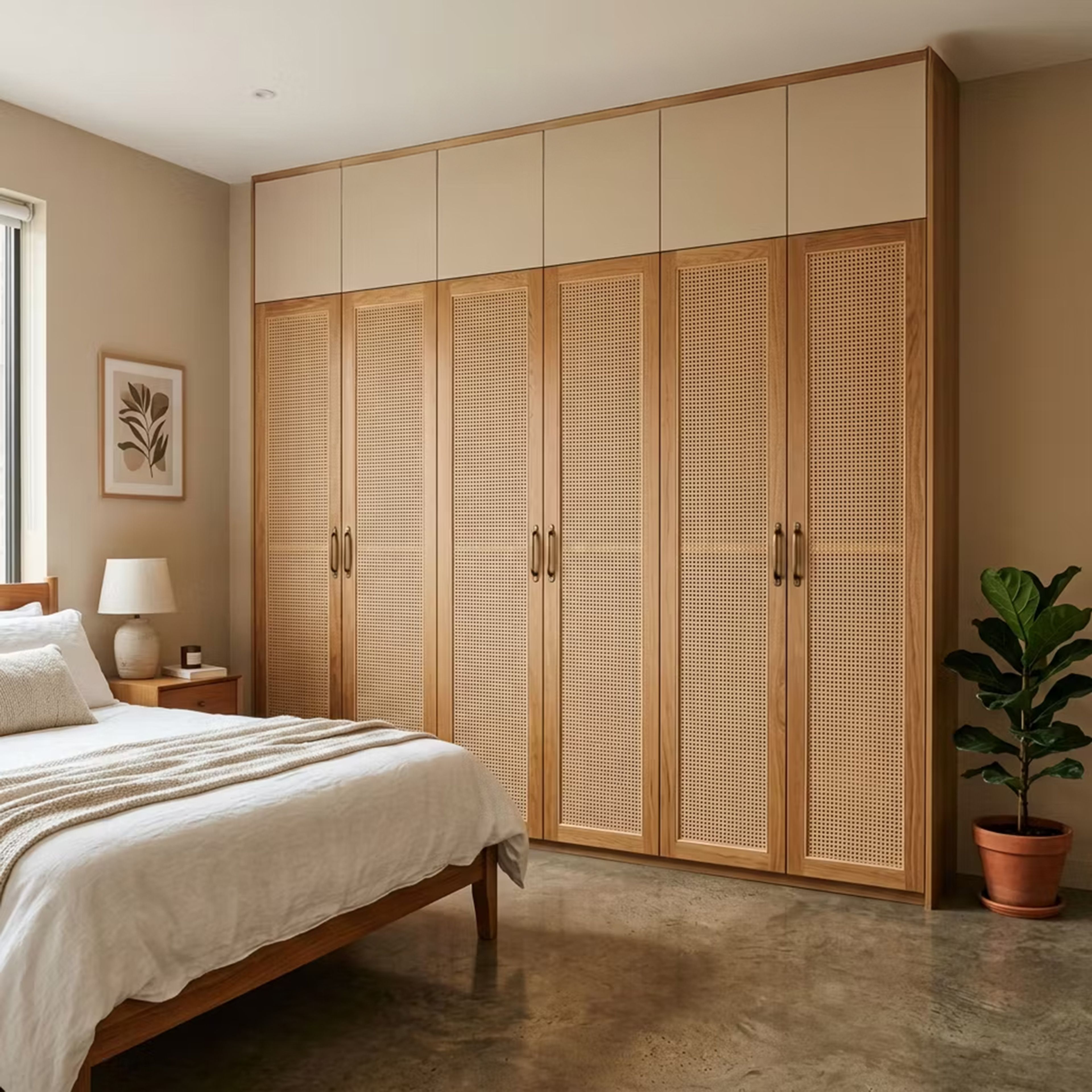 Scandinavian Swing Wardrobe Design with Cane Panel Doors and Beige Overhead Cabinets