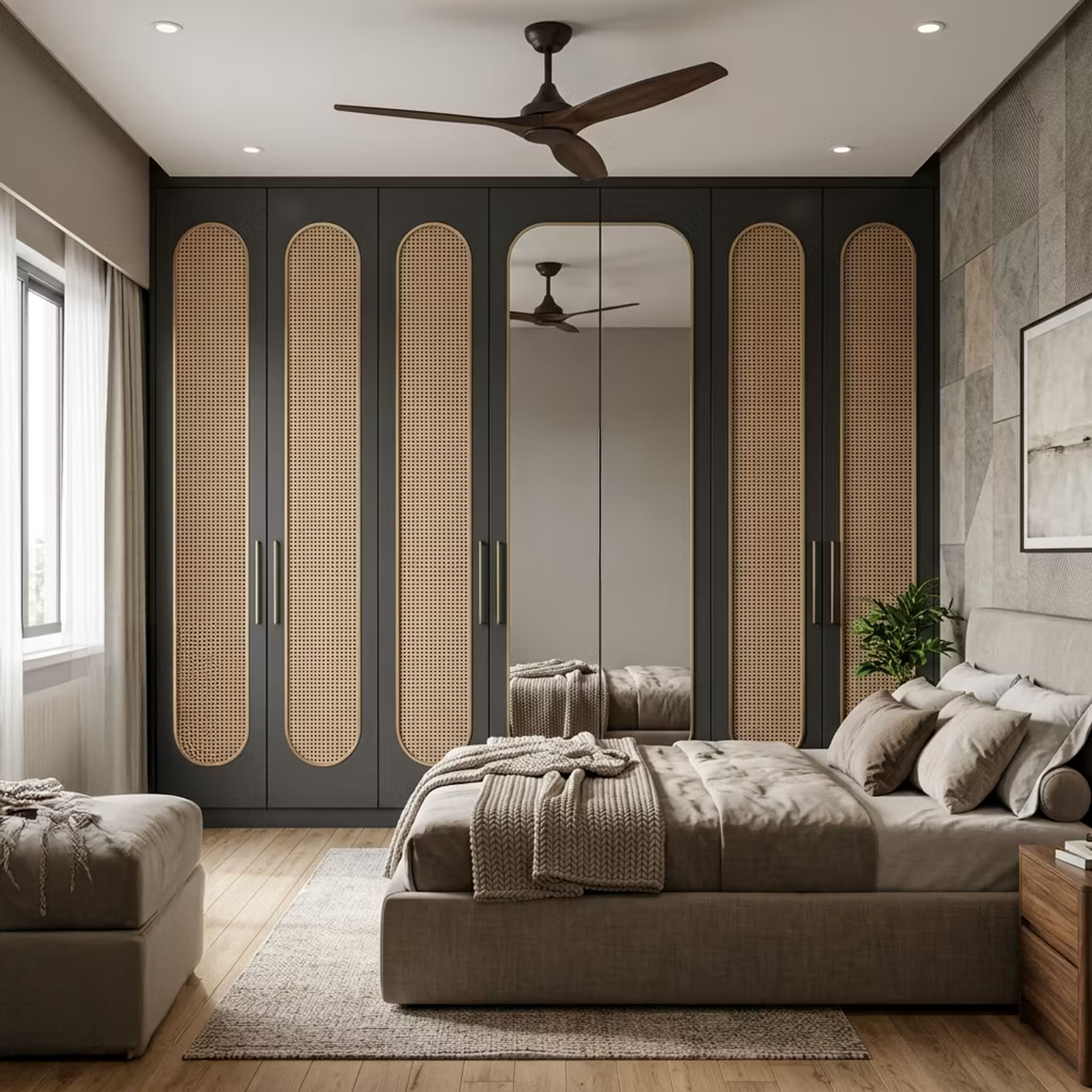 Contemporary Swing Wardrobe Design with Central Mirror Door and Dark Grey Finish
