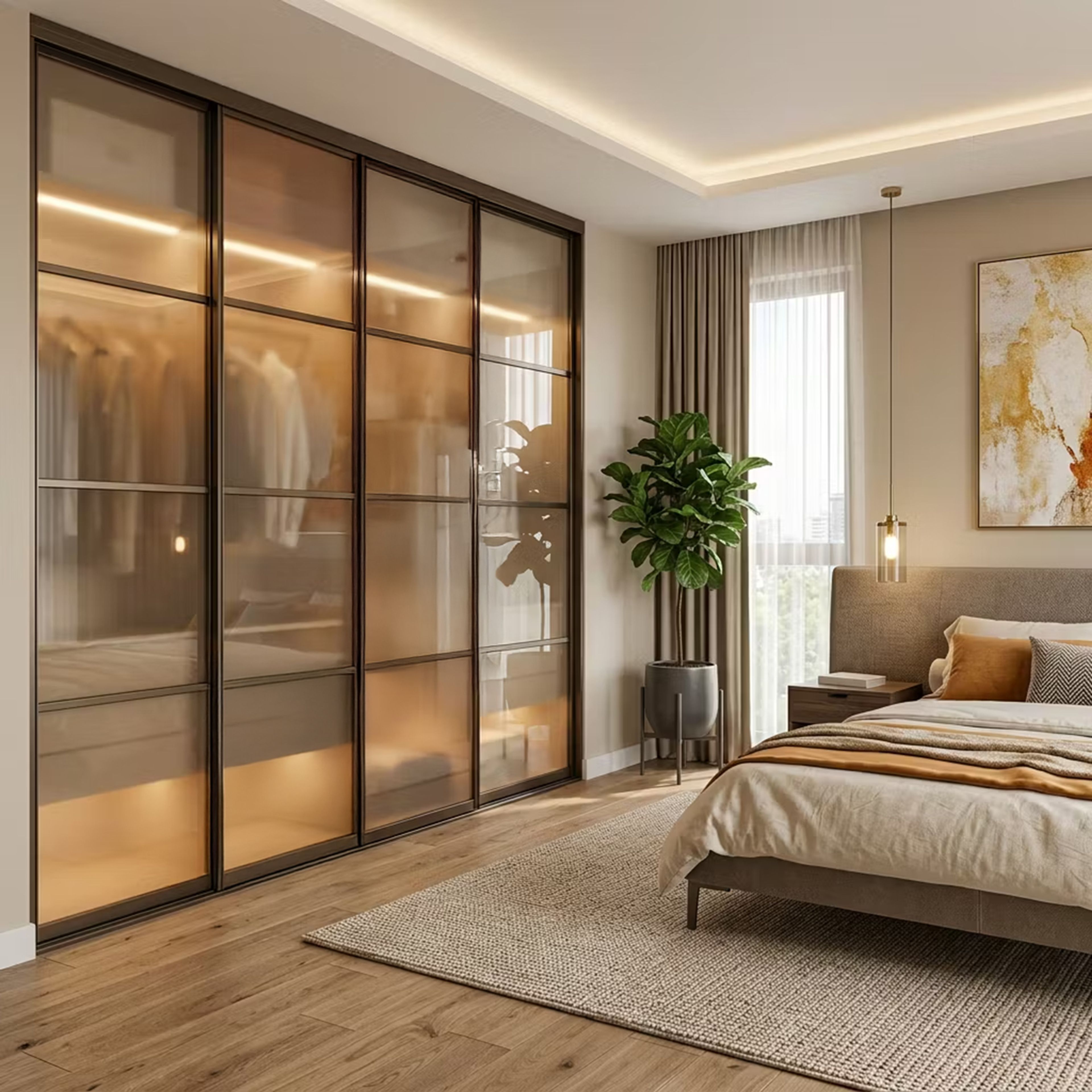 Contemporary 4-Door Wardrobe Design with Frosted Glass Sliding Doors