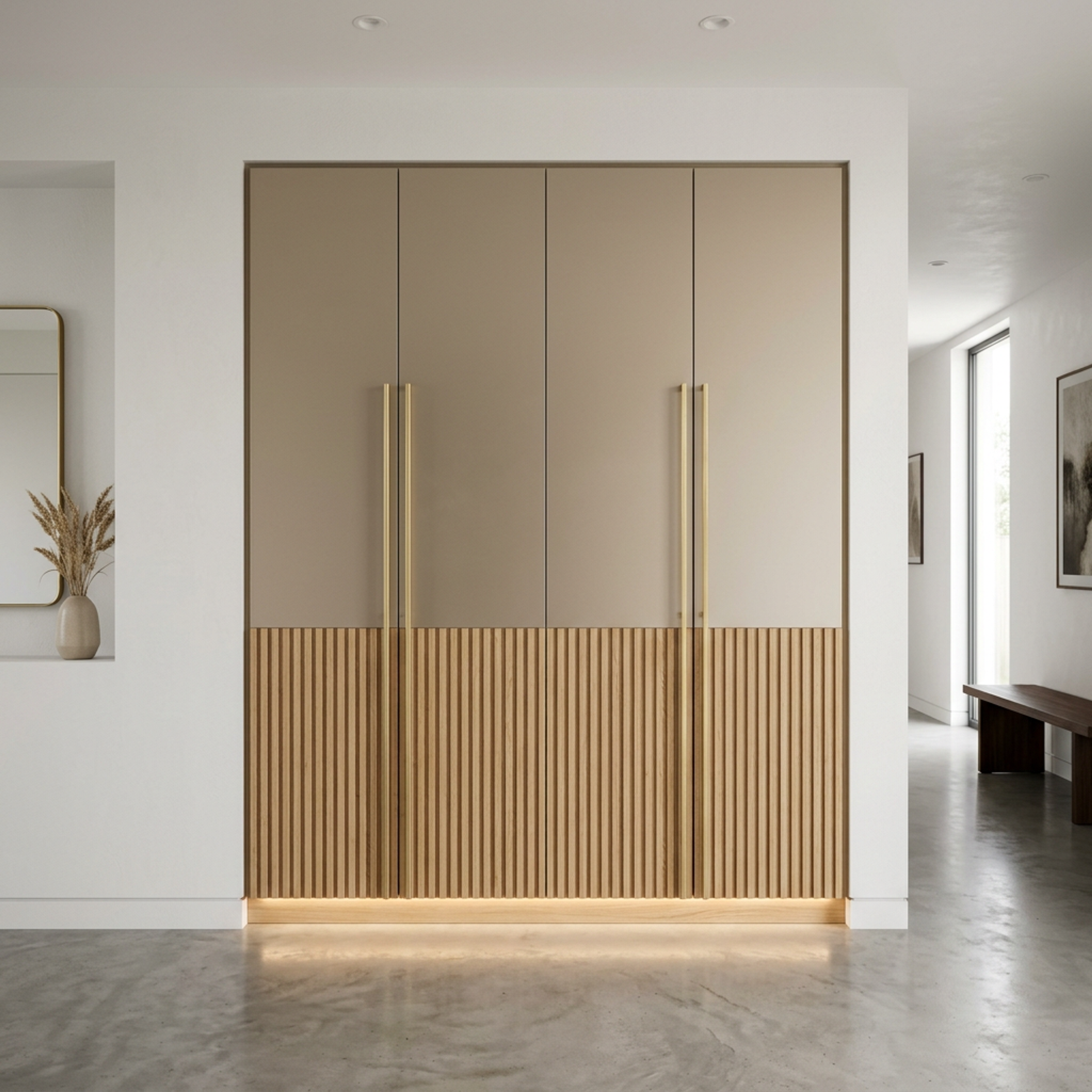Classic 4-Door Swing Wardrobe Design with Light Beige and Walnut Bronze Texture