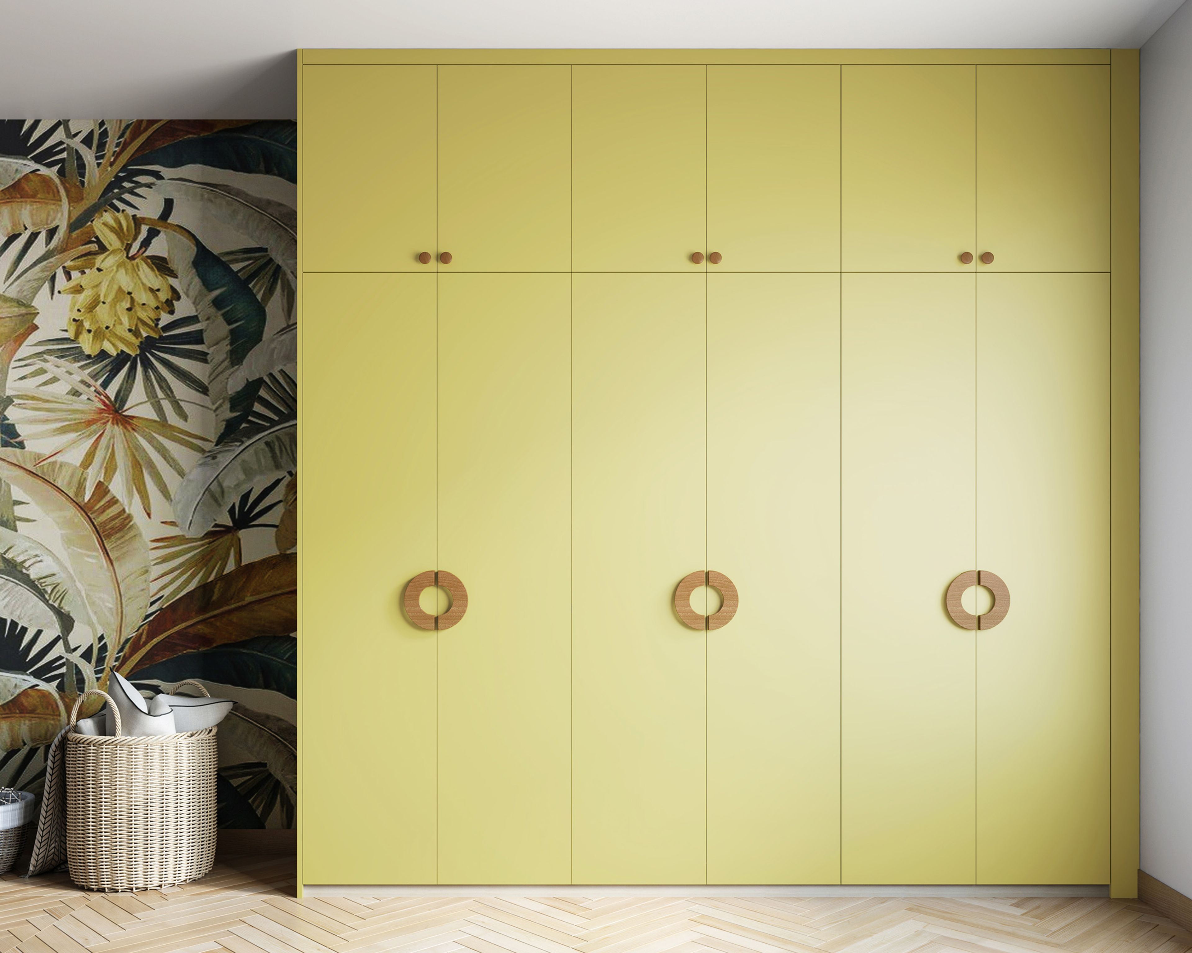 Contemporary Swing Wardrobe Design with Olive Yellow Matte Membrane Swing Shutters