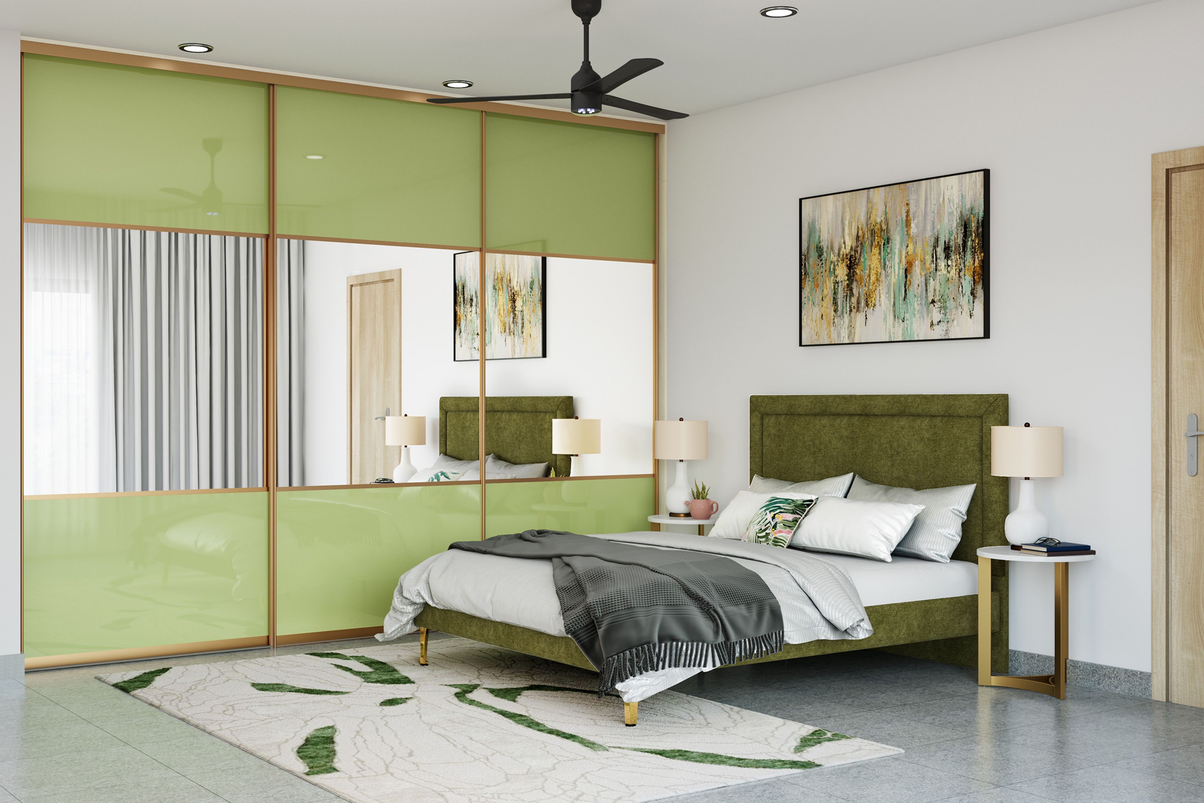 Contemporary Sliding Wardrobe Design Featuring High Gloss Apple Green Sliding Shutters