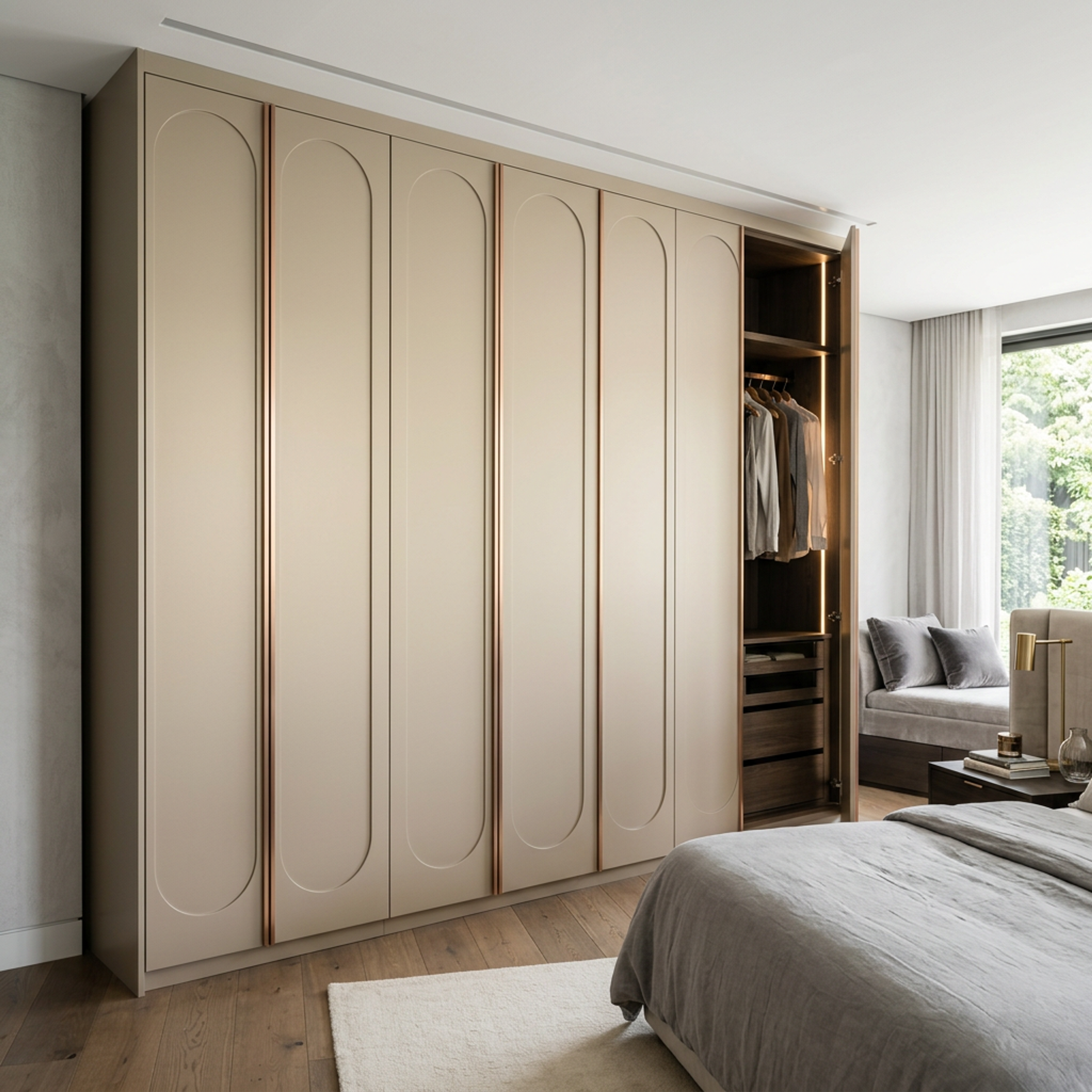 Classic Swing Wardrobe Design with Recessed Pill Shaped Arches and Trim