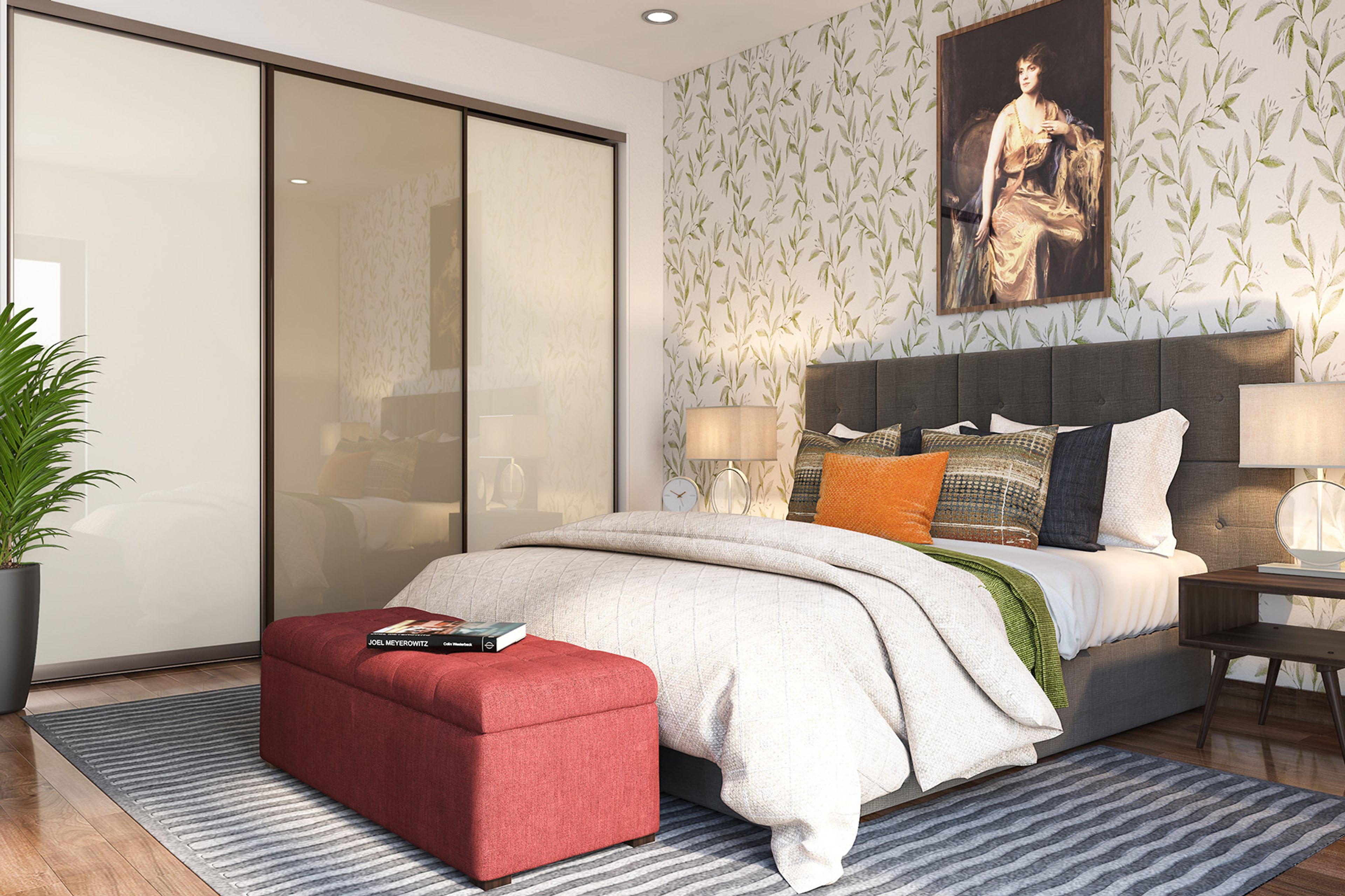 Transitional Sliding Wardrobe Design Featuring High Gloss Metallic Beige Sliding Shutters