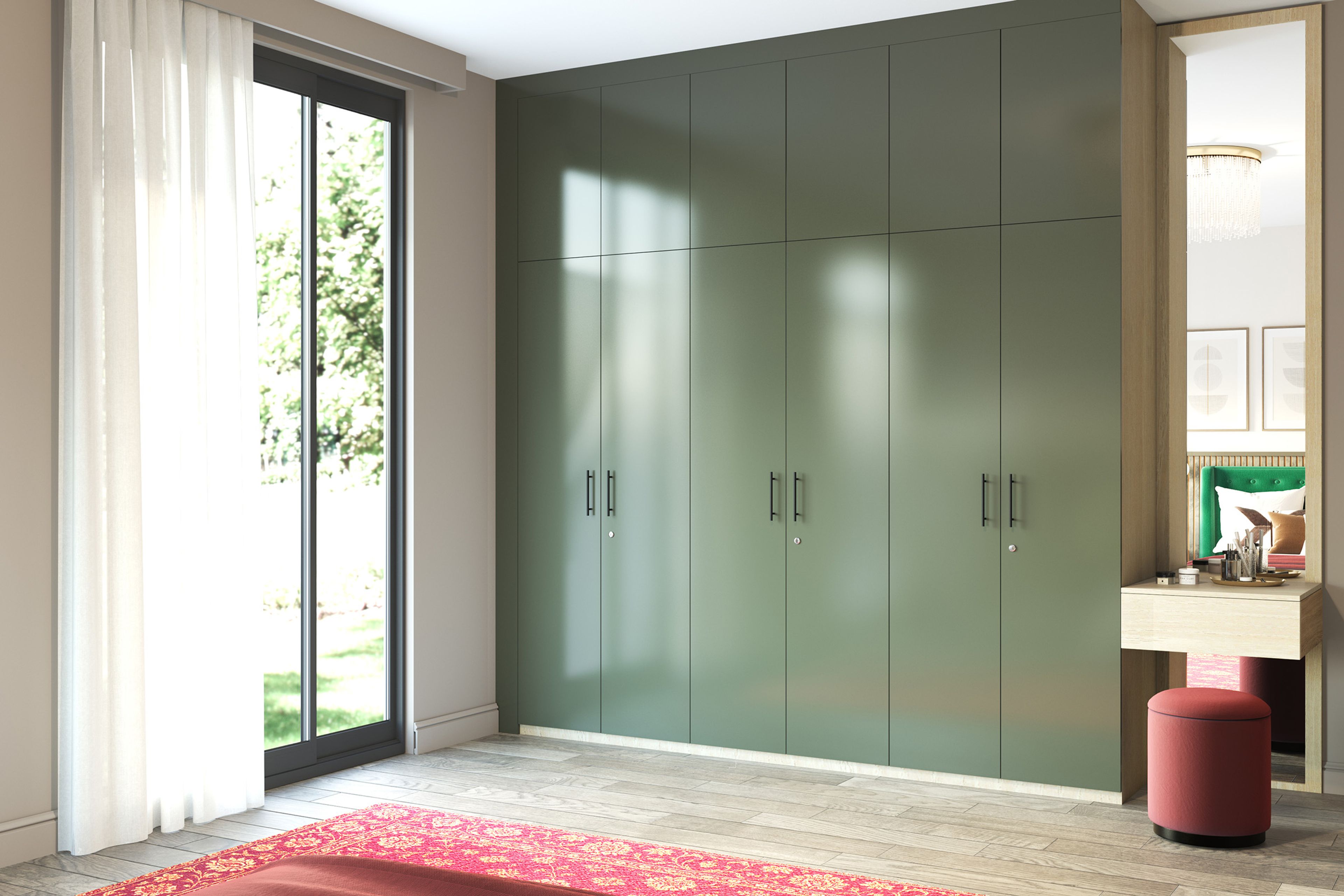 Contemporary Swing Wardrobe Design Featuring Muted Olive Green Seamless Slab Shutters