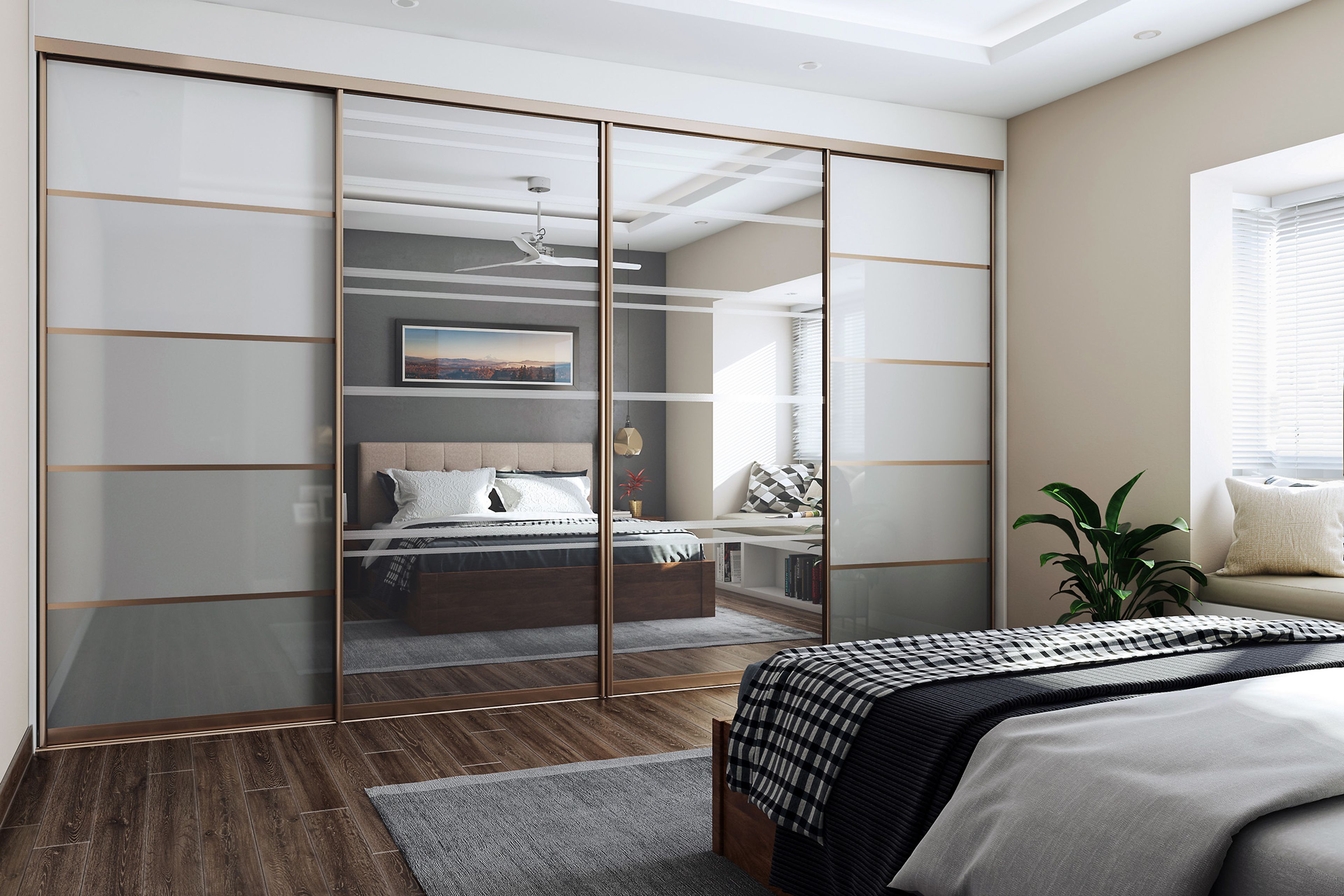 Contemporary Sliding Wardrobe Design with Grey Acrylic Horizontal Stripe Pattern Shutters