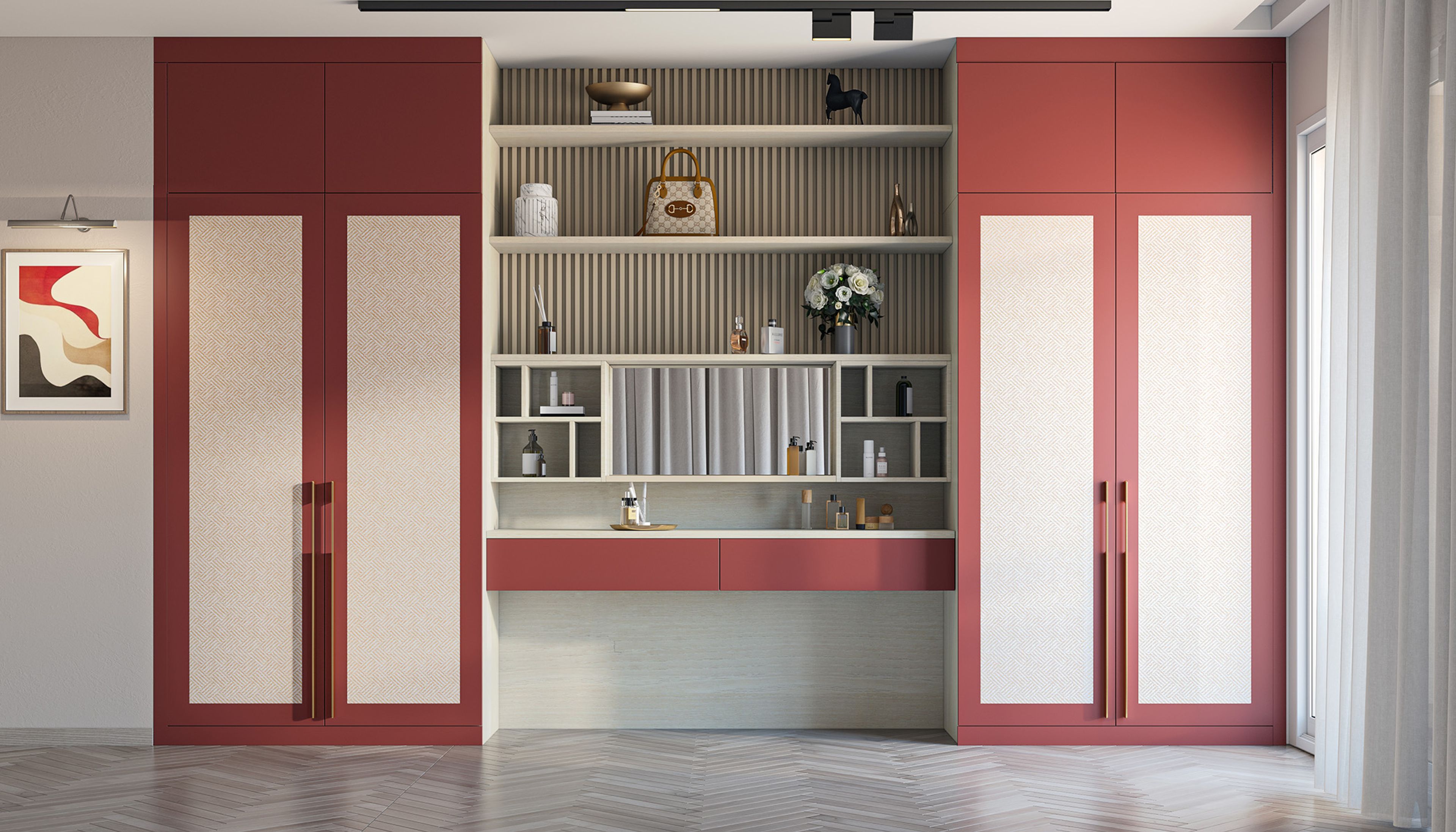 Contemporary Swing Wardrobe Design with Light Red Matte Cane Shutter Panels