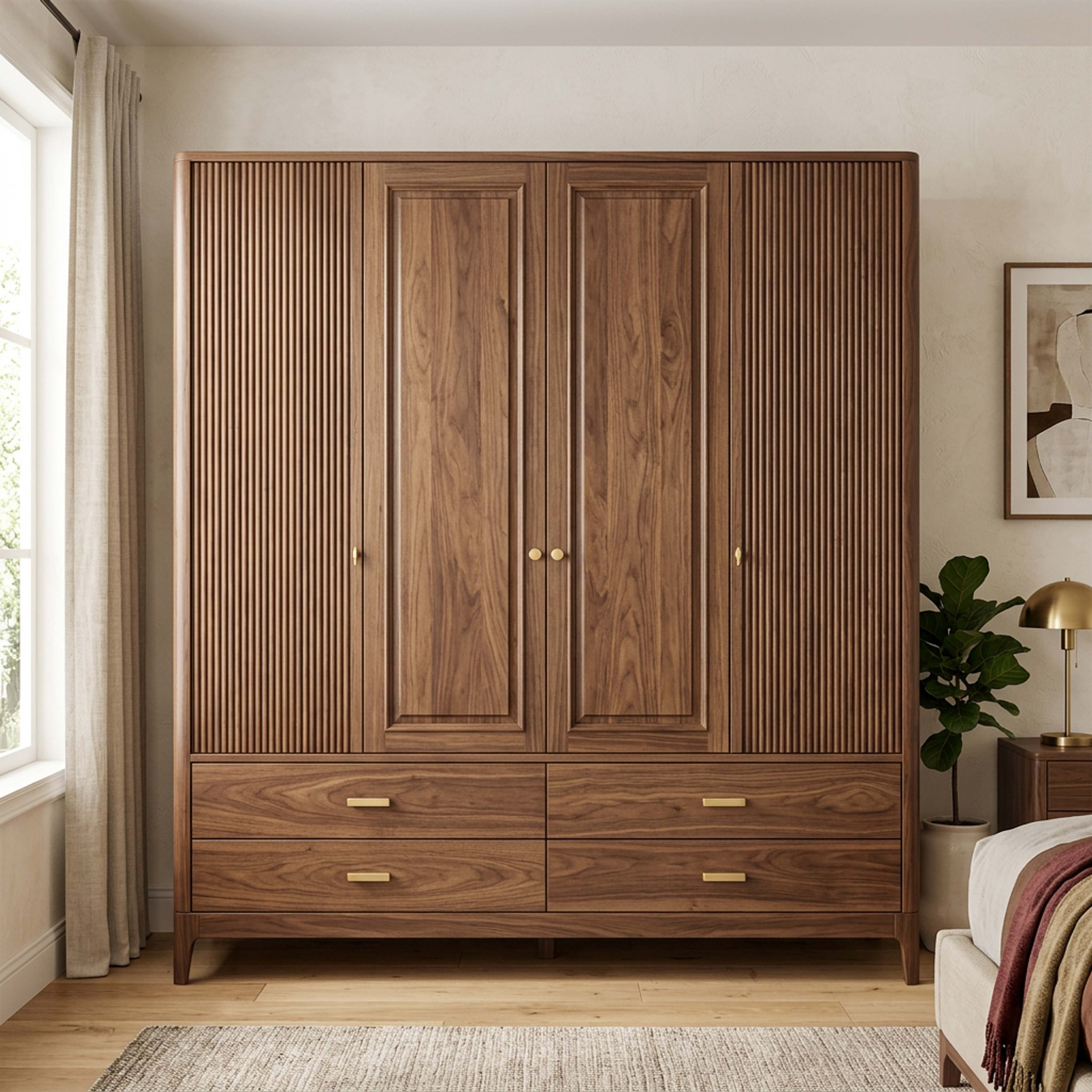 Classic Swing Wardrobe Design with Textured Fluted Outer Panels and Drawers