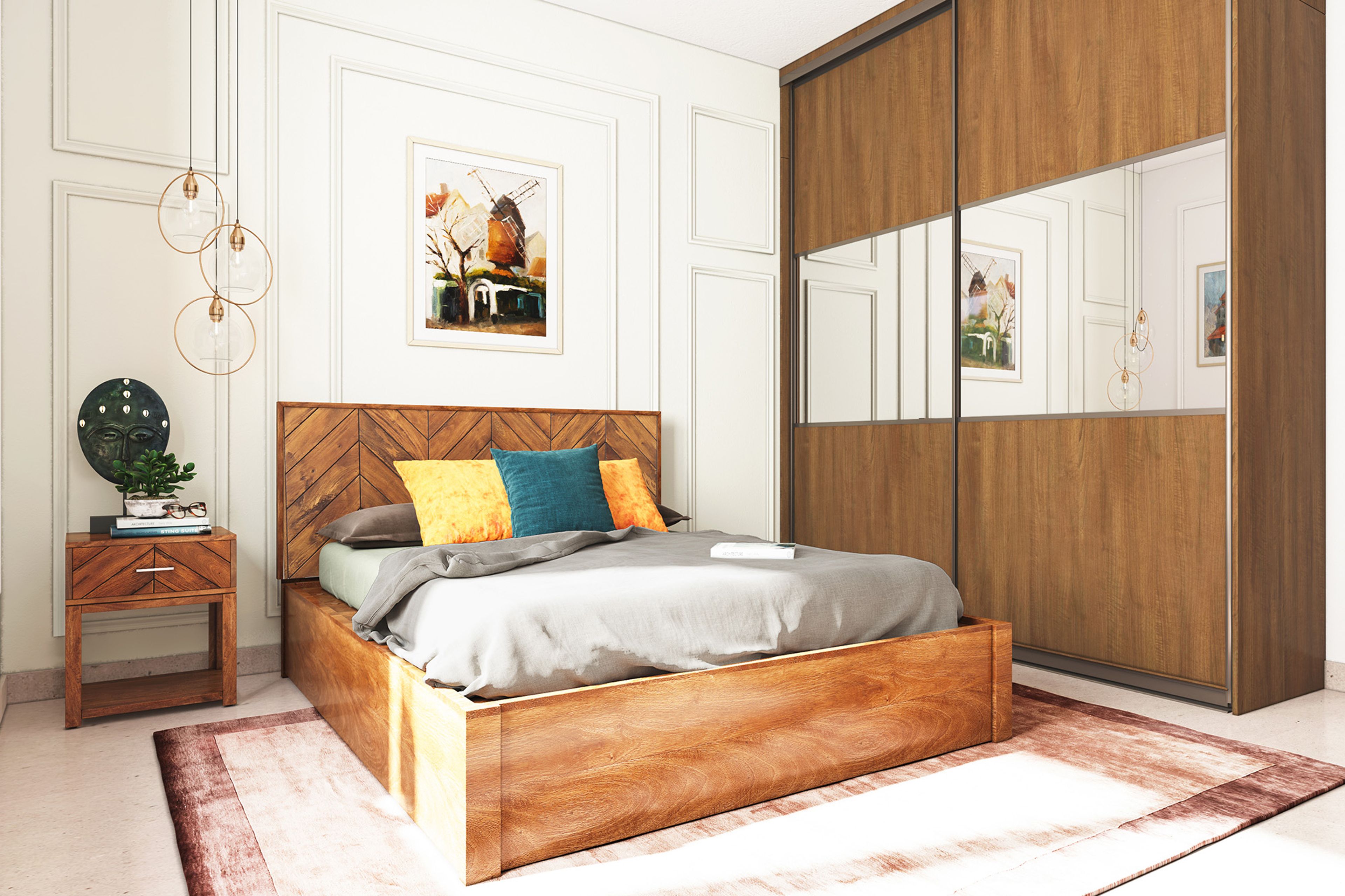Classic Sliding Wardrobe Design with Walnut Bronze Matte Laminate Center Mirrors