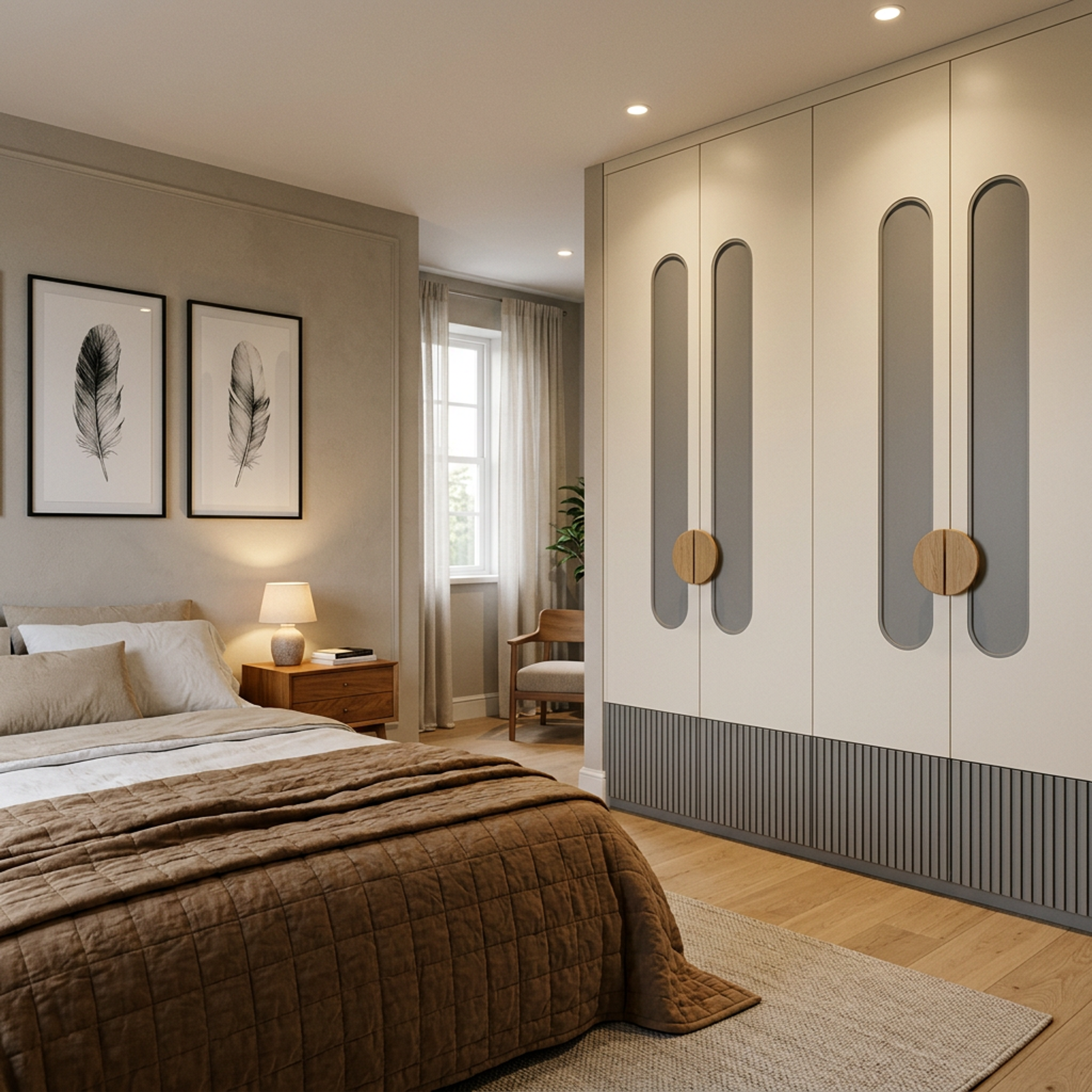 Contemporary Swing Wardrobe Design with Grey Pill Shaped Door Inserts