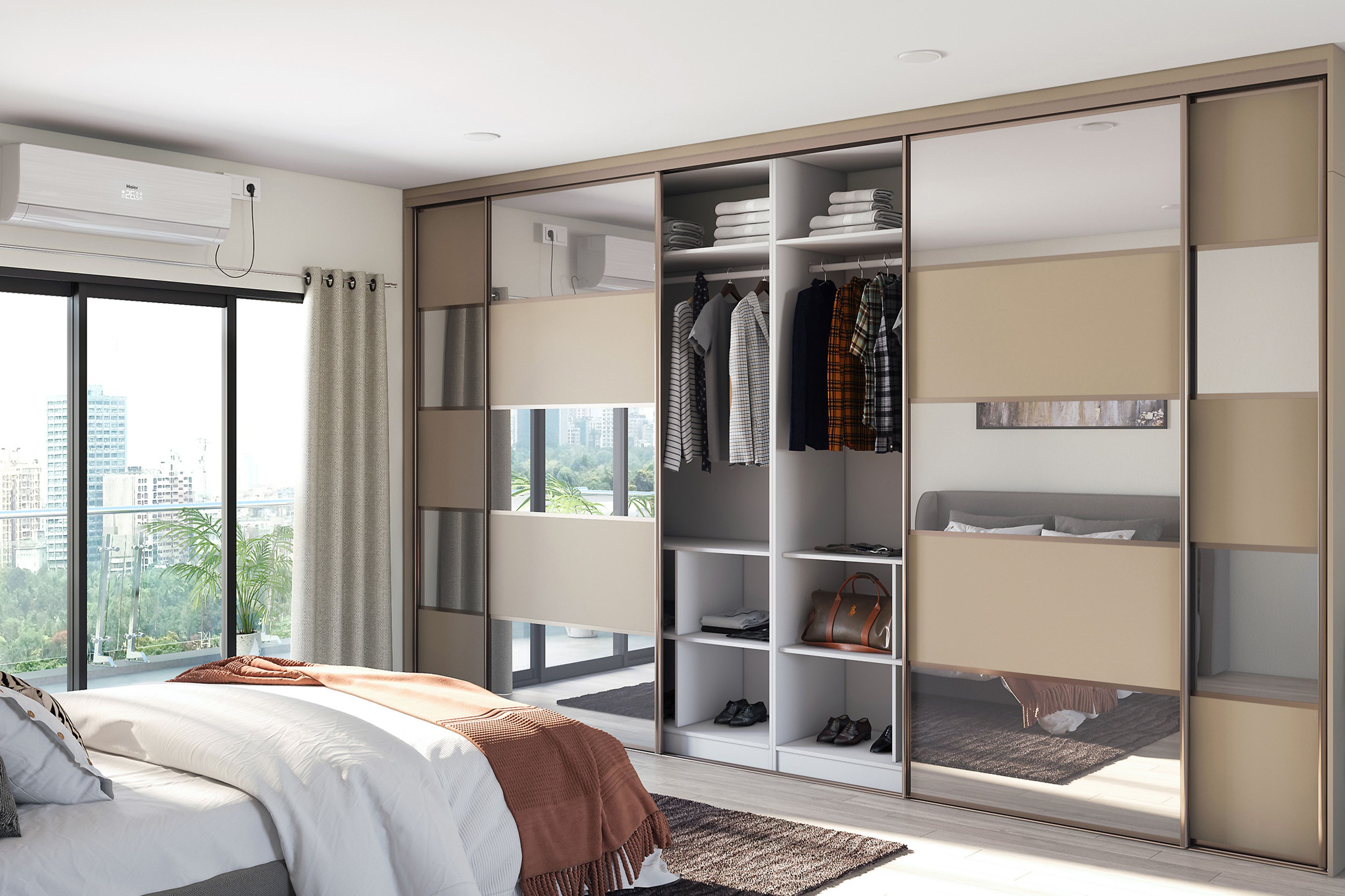 Contemporary Sliding Wardrobe Design with Champagne High Gloss Acrylic Panels