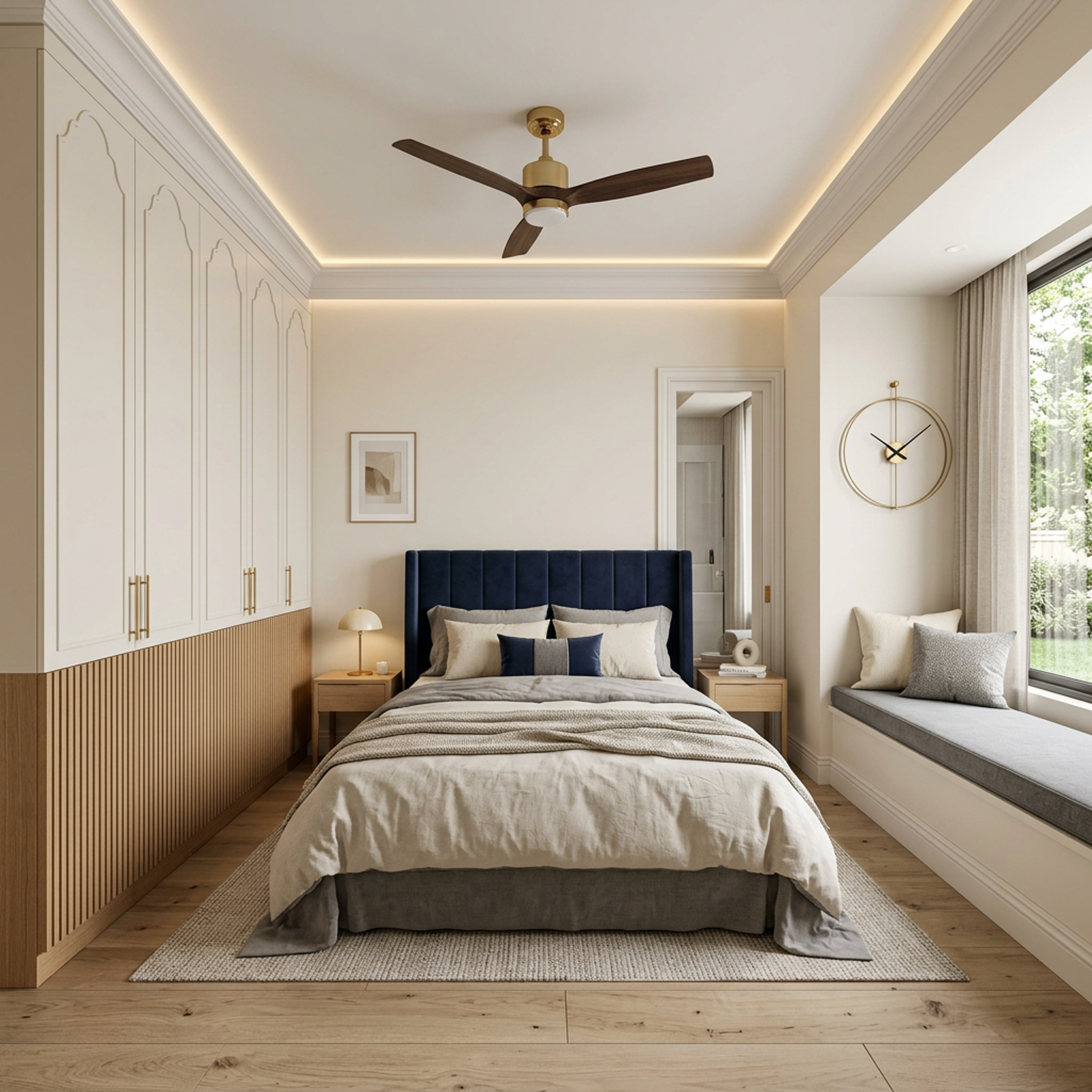 Classic Swing Wardrobe Design with White Upper Cabinet Arched Detailing