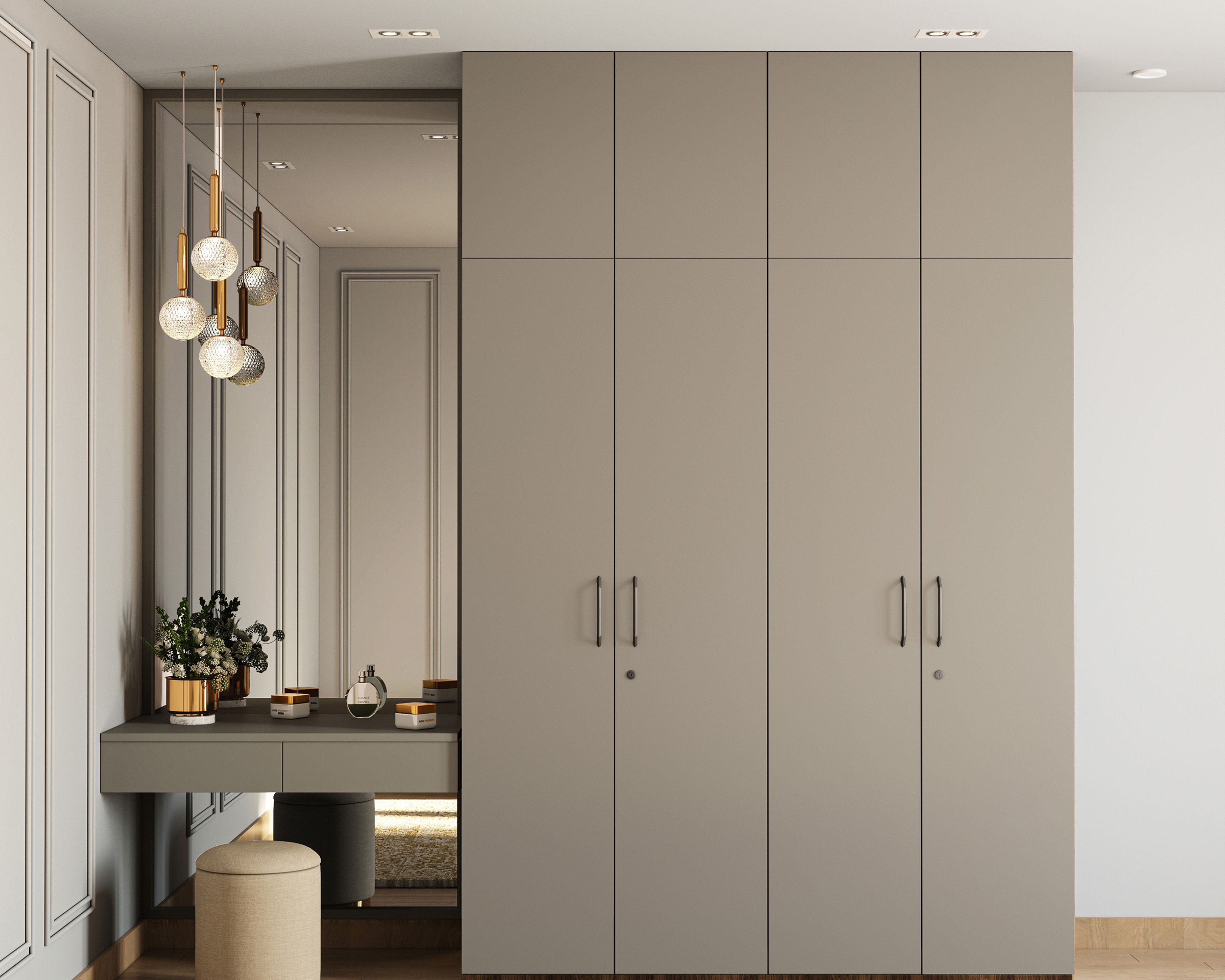 Modern Swing Wardrobe Design with Matte Irish Cream Swing Shutters Setup