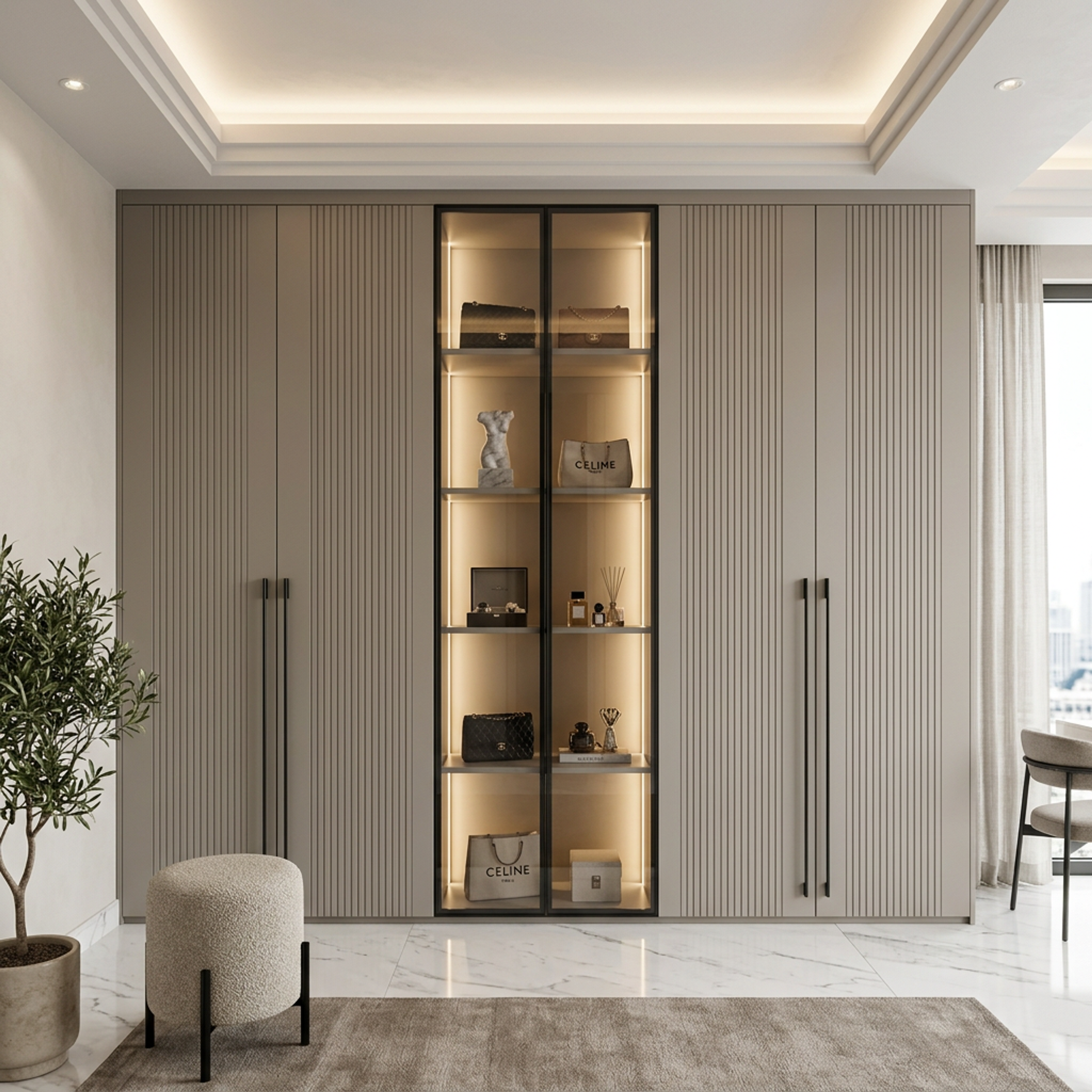 Modern Swing Wardrobe Design with Integrated LED Backlighting Display Area