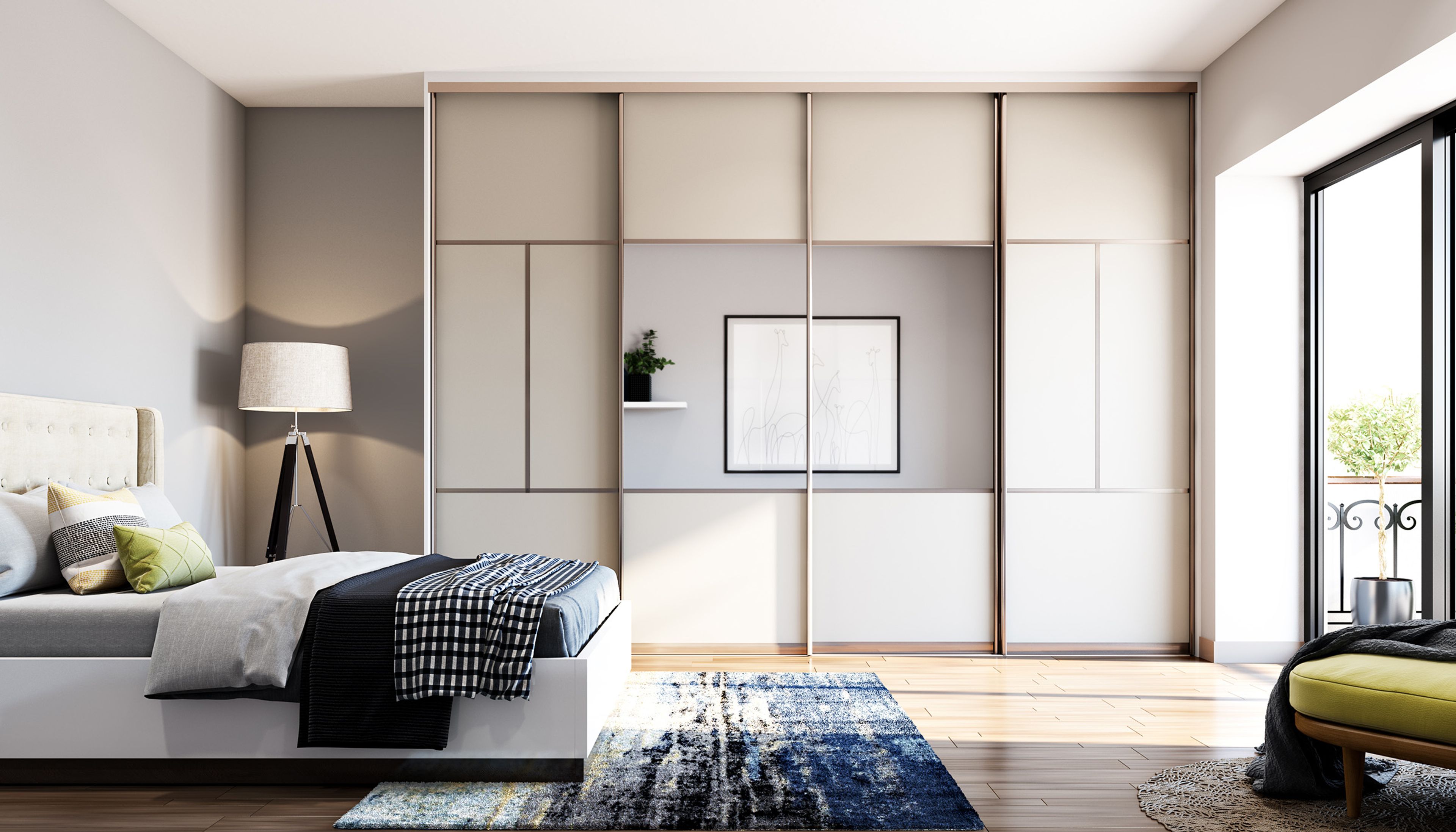 Minimal Sliding Wardrobe Design with Champagne Three Tone Matte Grid Panels
