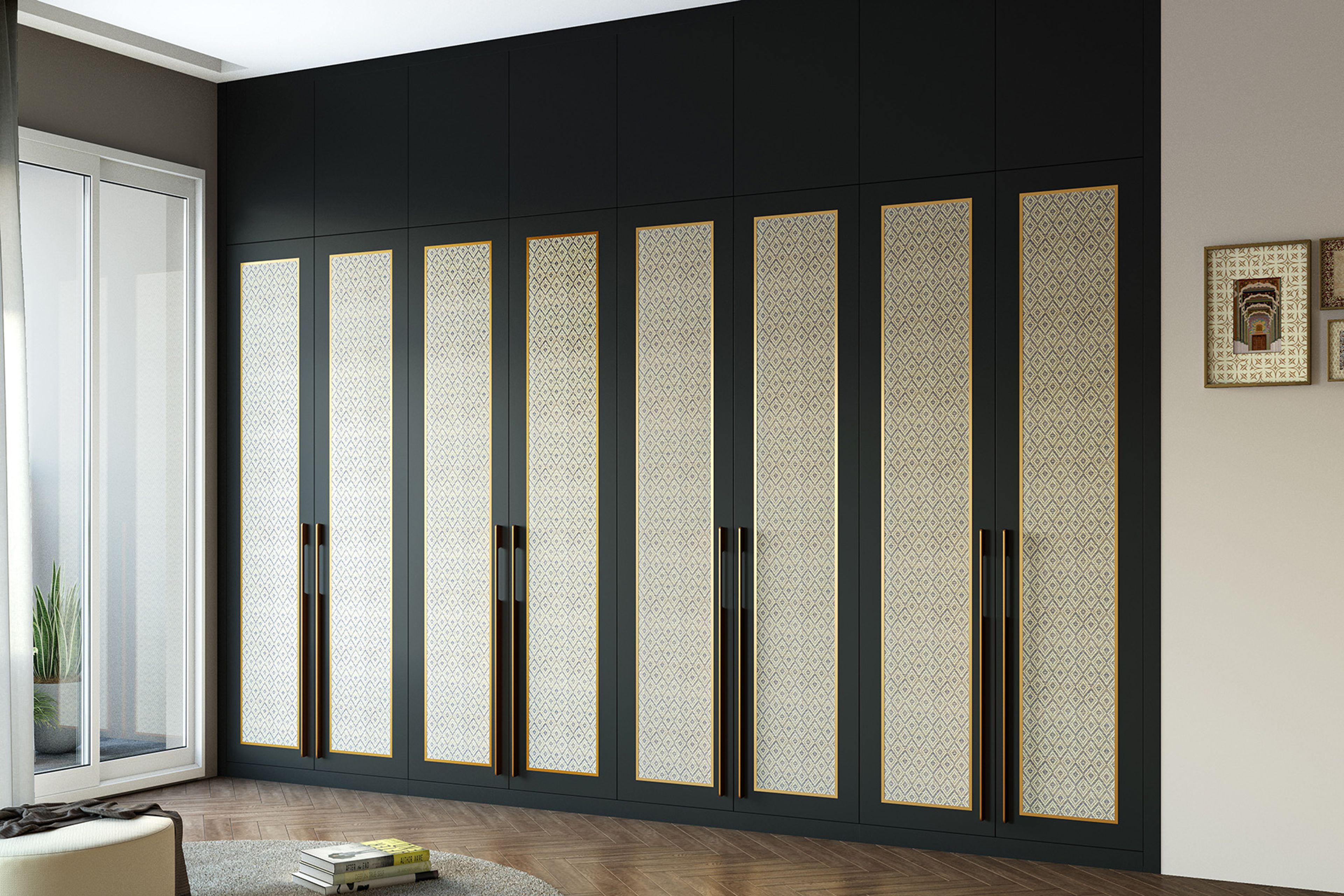 Modern 8-Door Swing Wardrobe Design with Slate Grey Laminate Cane Shutters