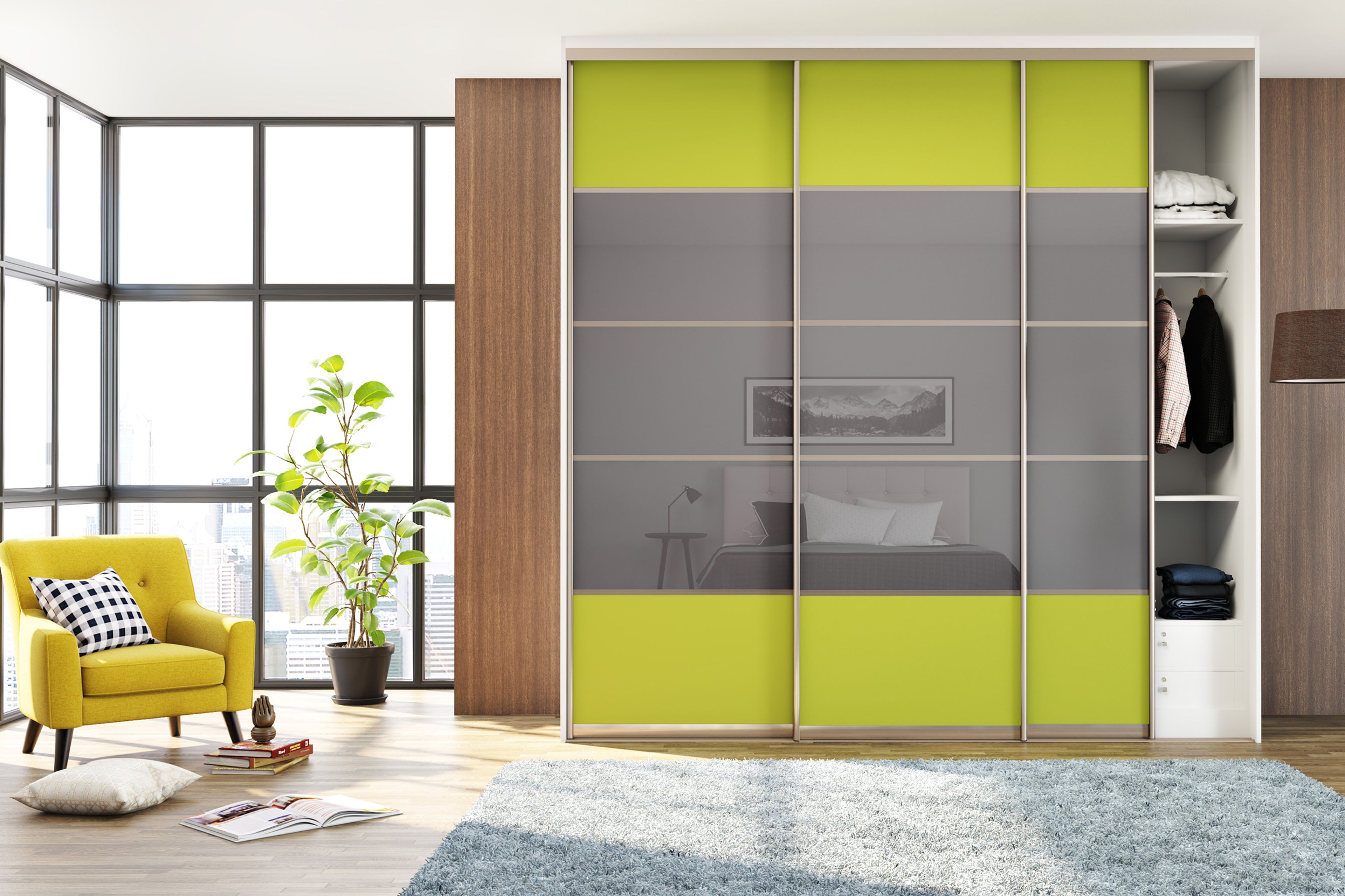 Contemporary Sliding Wardrobe Design with Lime Green High Gloss Shutters