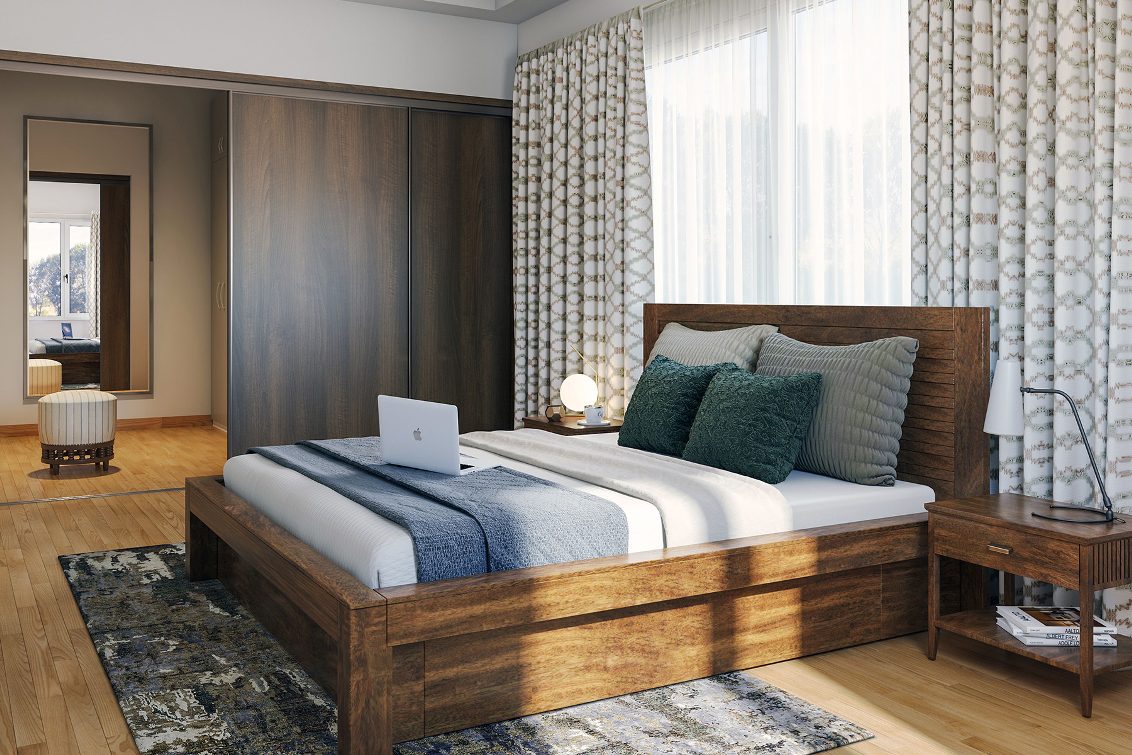 Walnut Transitional Sliding Wardrobe Design with Grey Aluminium Profile Frames