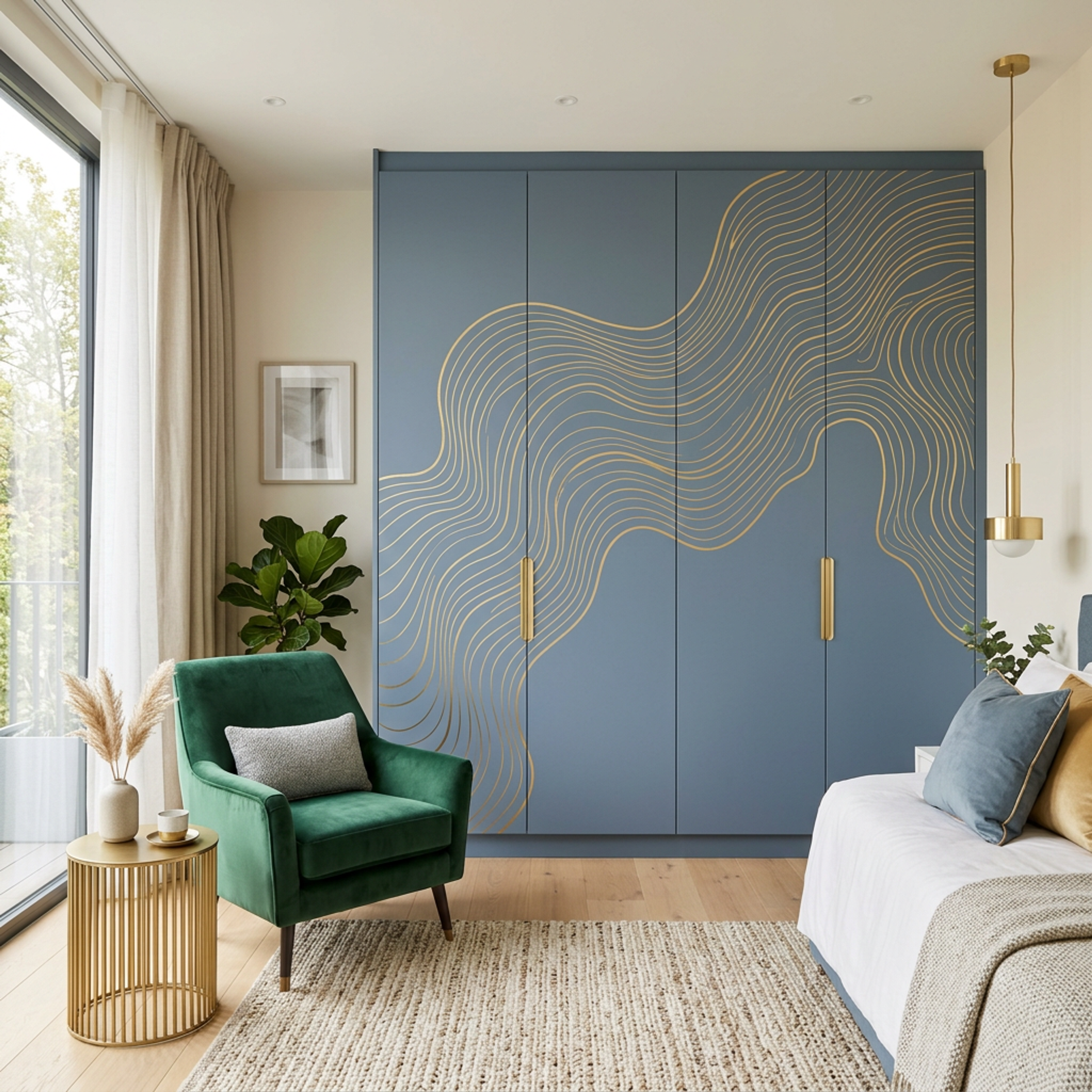 Minimal Swing Wardrobe Design with Gold Topographical Line Pattern Mural