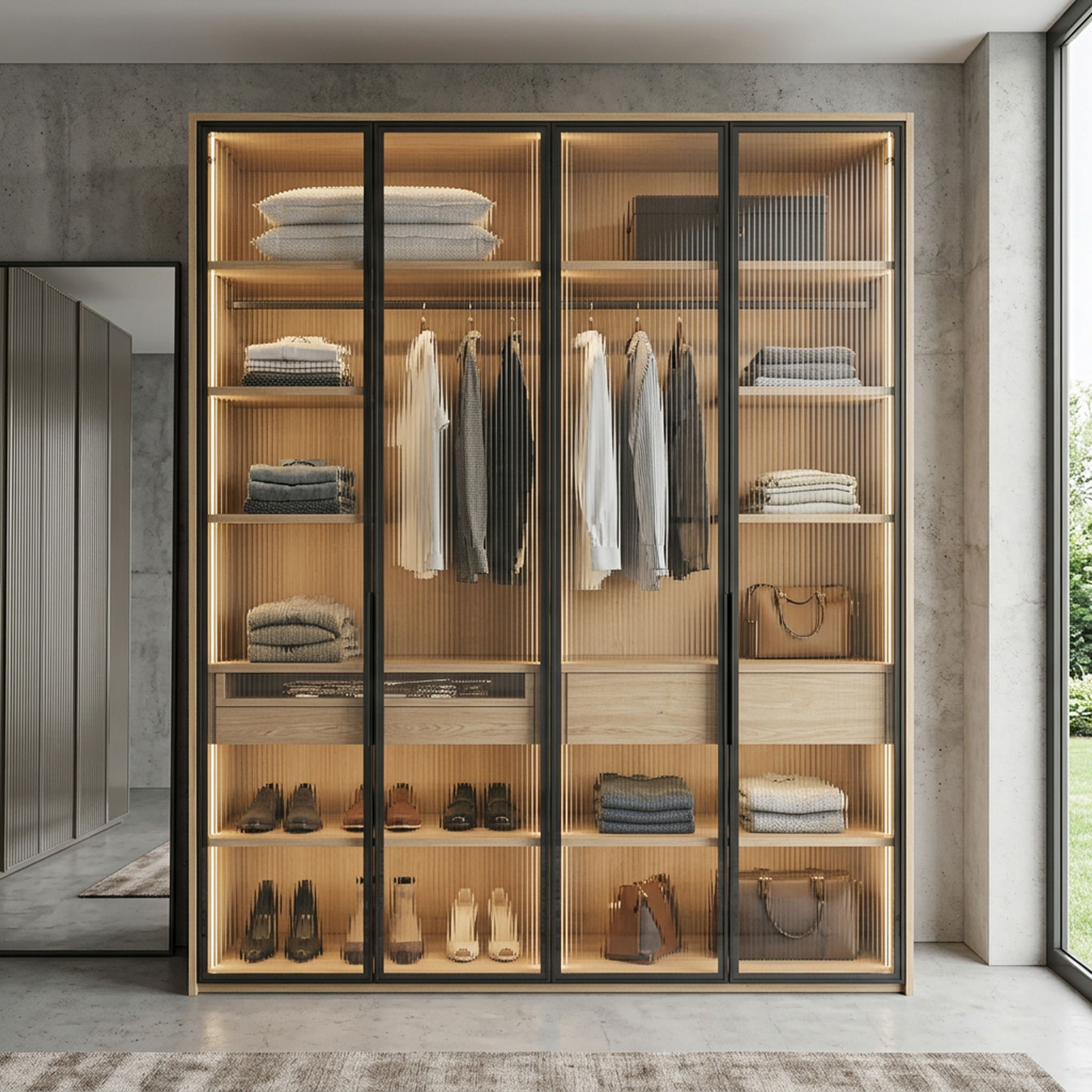 4-Door Modern Swing Wardrobe Design with Fluted Glass Shutters
