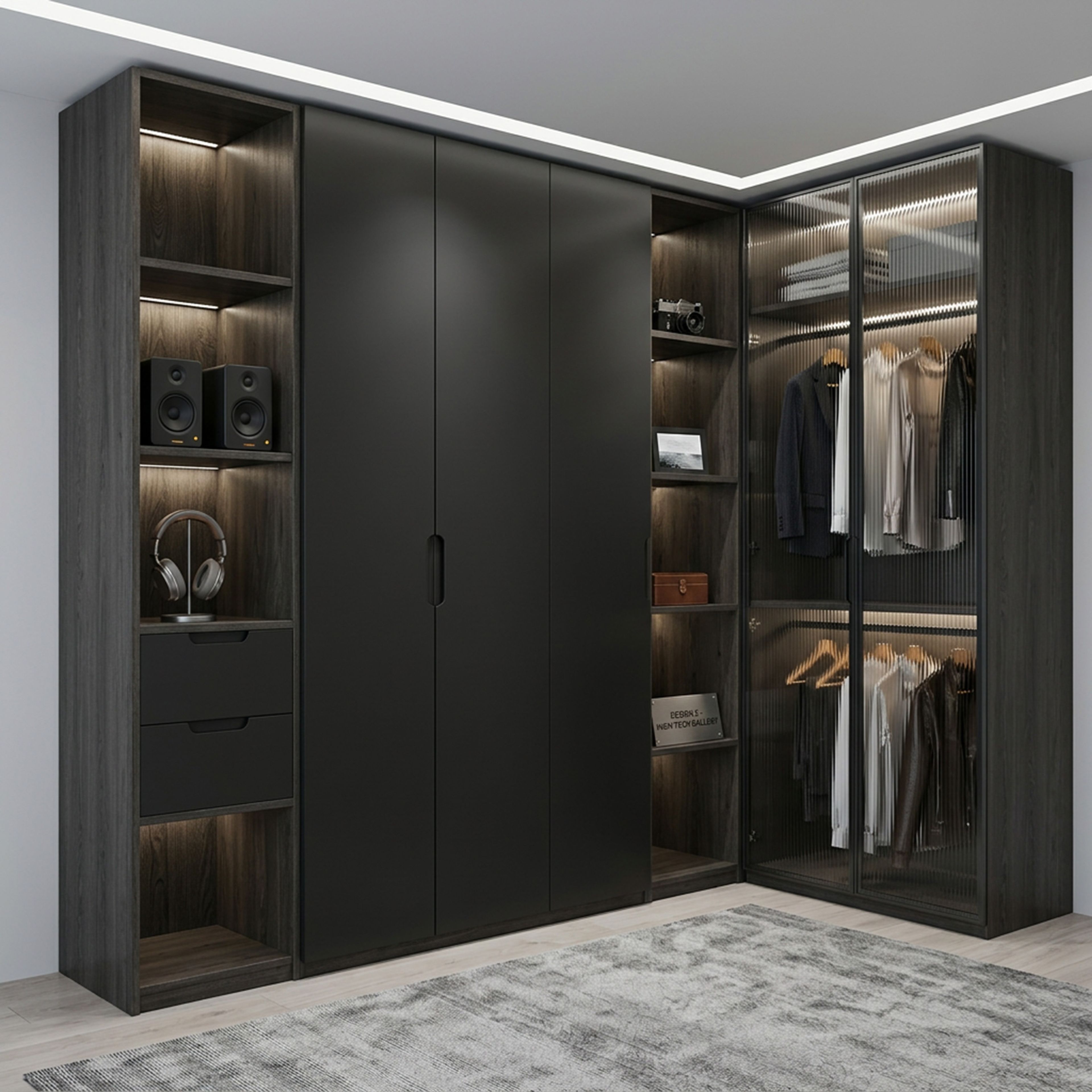 Black and Wood Contemporary L-Shaped Wardrobe Design with Fluted Glass and Open Shelves