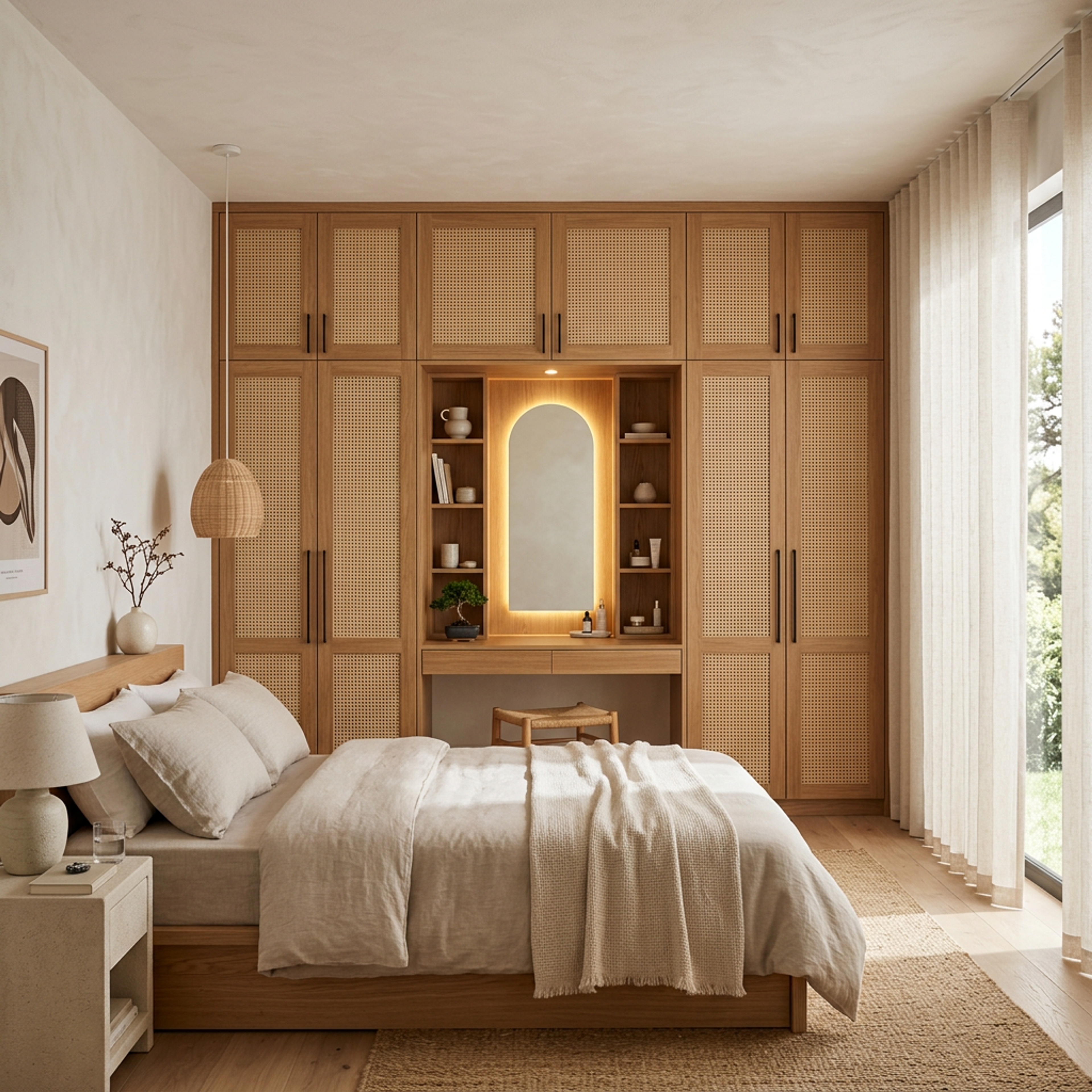 Mid-Century Modern 4-Door Swing Wardrobe Design with Woven Rattan Door Panels