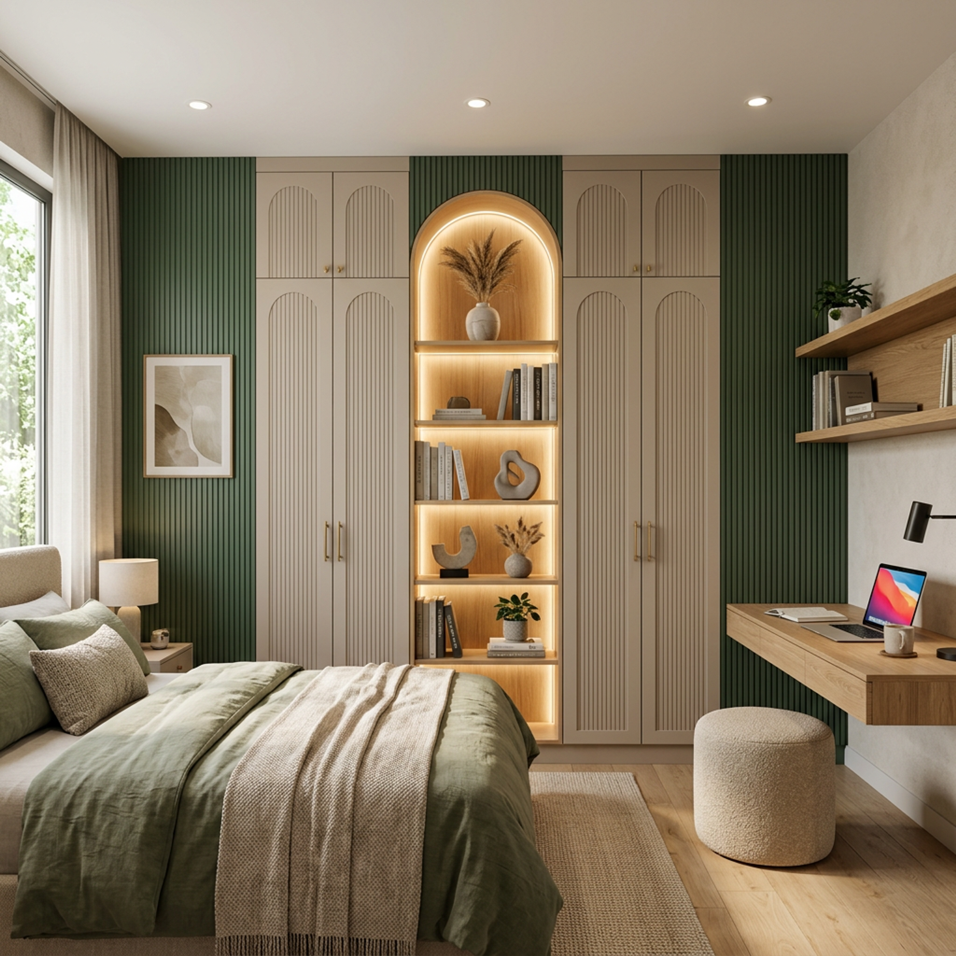 4-Door Classic Swing Wardrobe Design with Central Arched Alcove Display Space