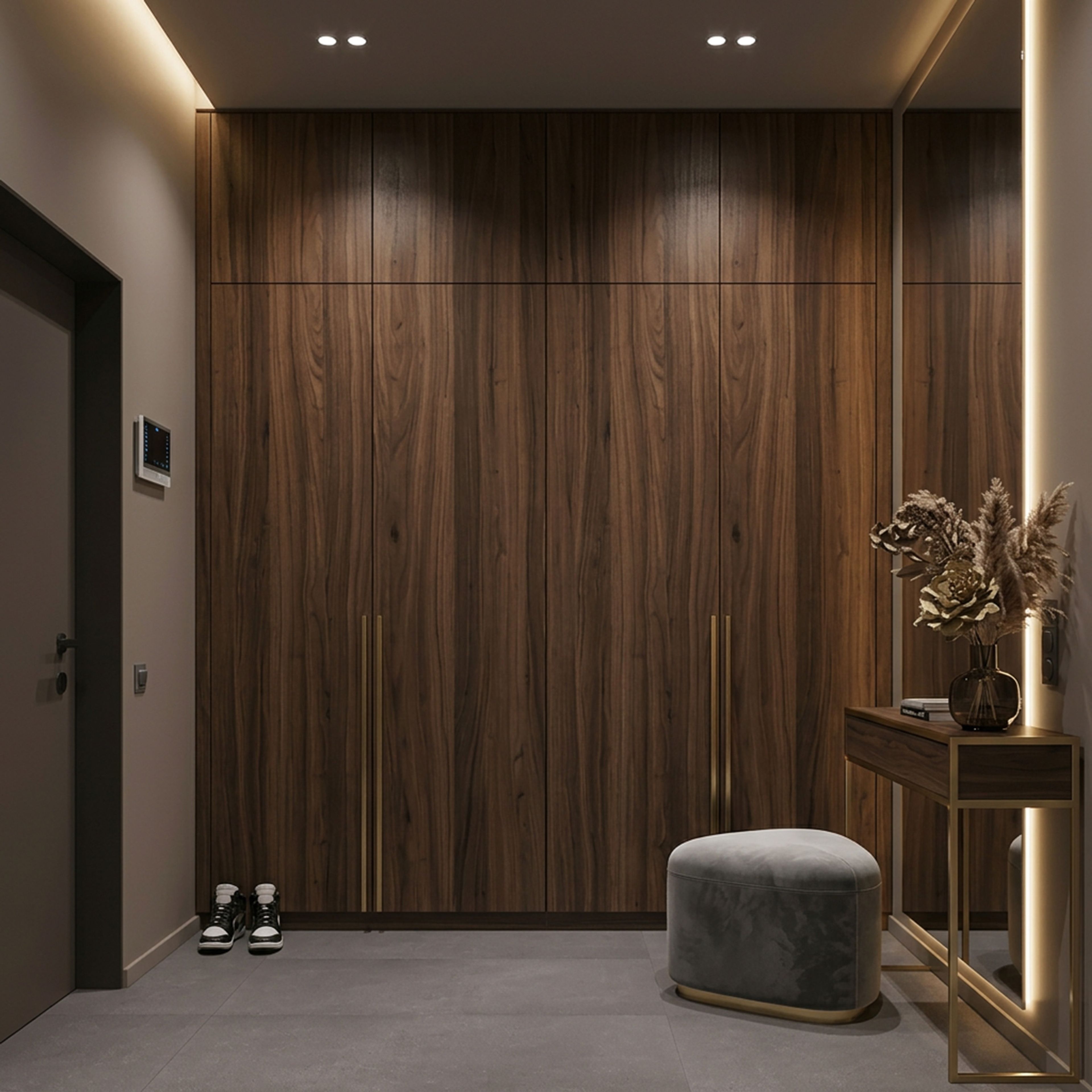 Swing 4-Door Contemporary Walnut Wardrobe Design with Vertical Storage