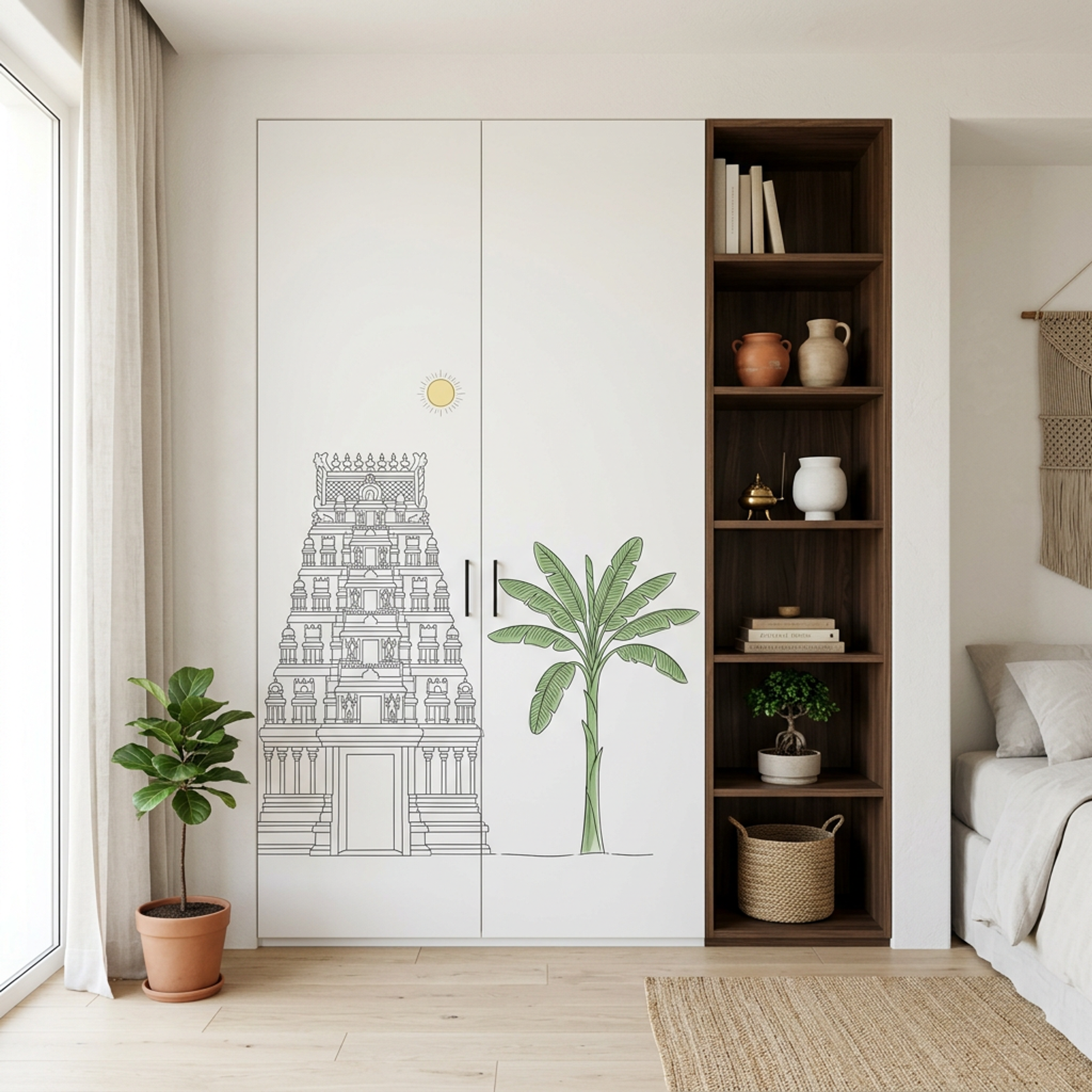 Modern Swing Wardrobe Design with Black Line Art Illustration Mural Setup