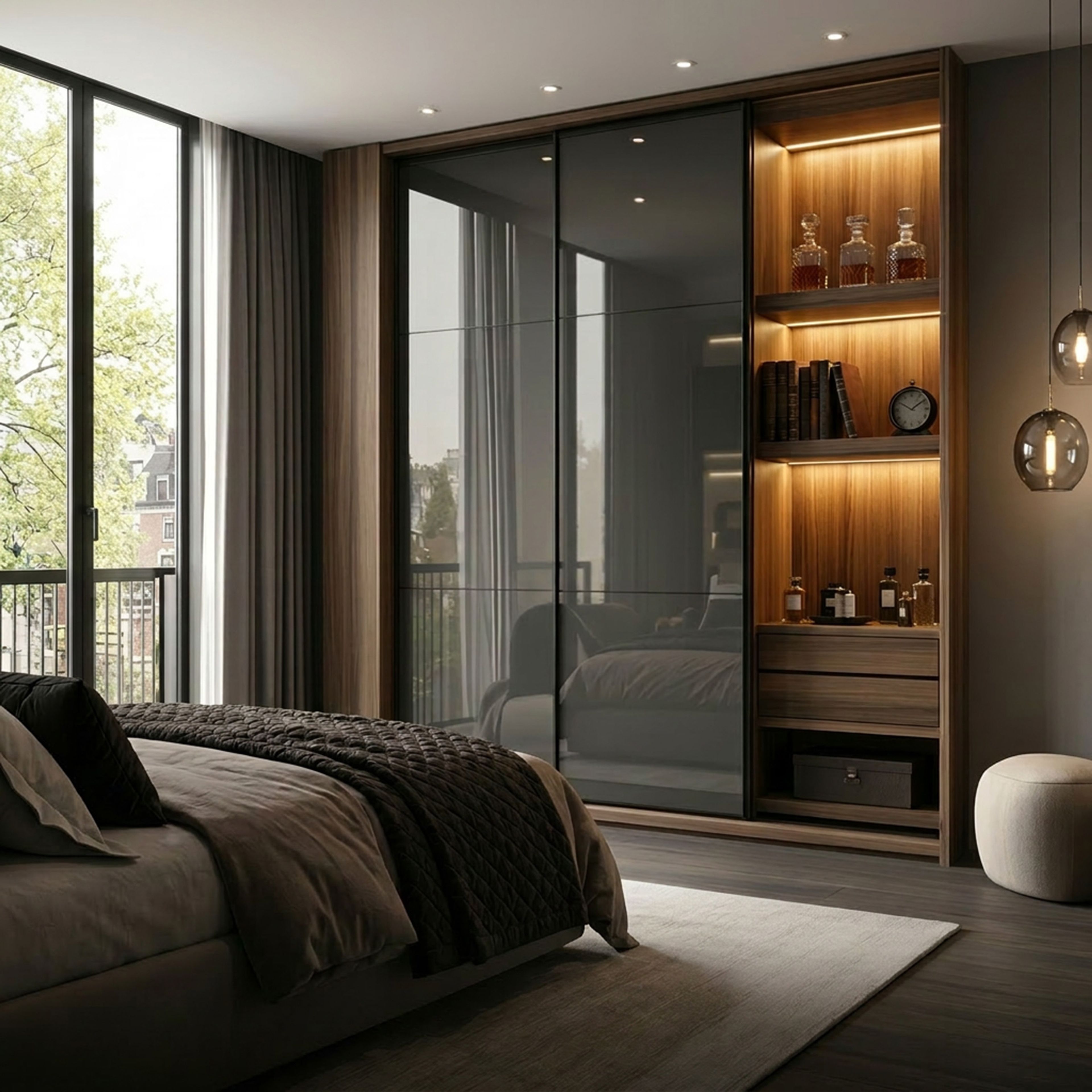 3-Door Modern Sliding Wardrobe Design with Gloss Finish and Display Shelves