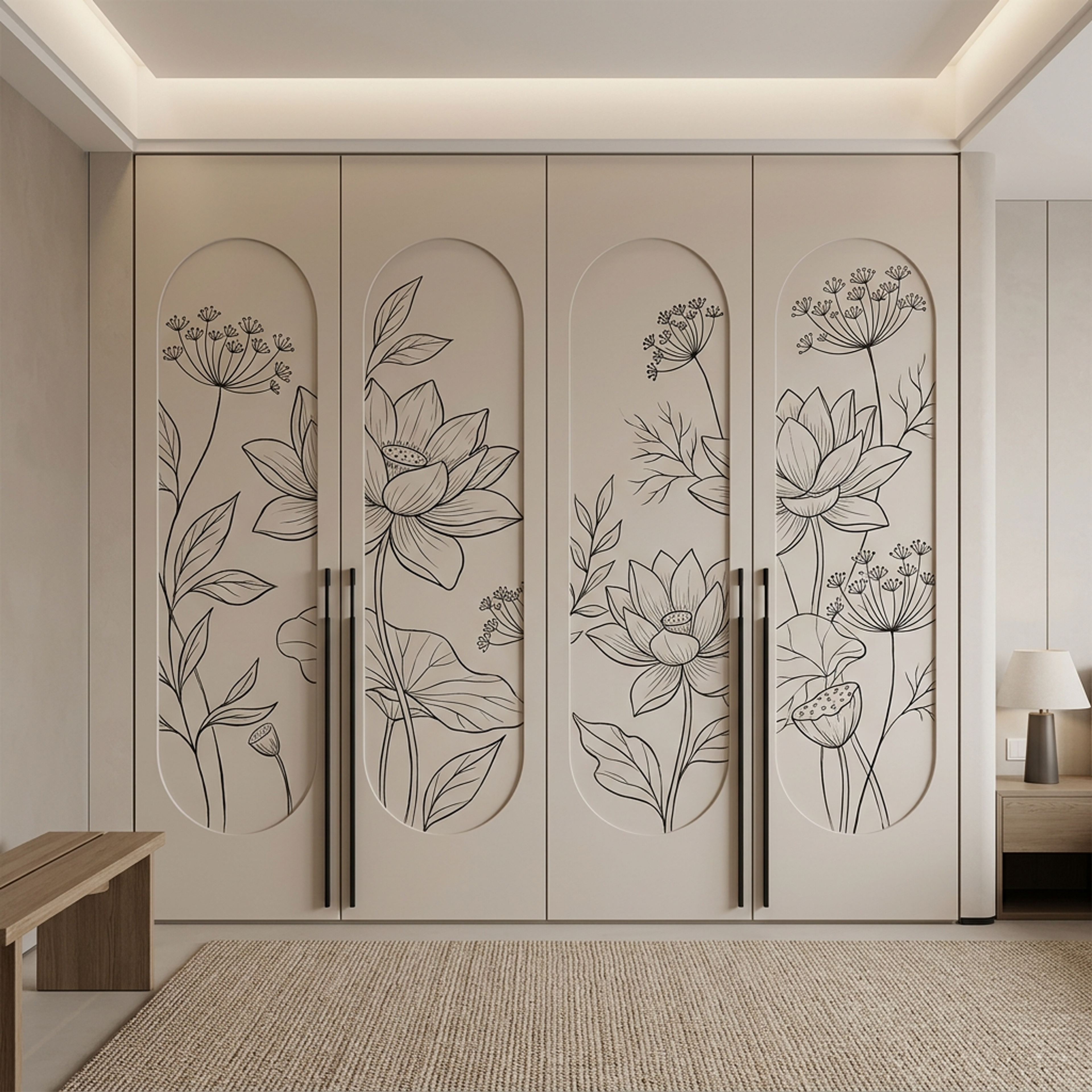 4-Door Modern Swing Wardrobe Design with Digital Printed White Lotus Art