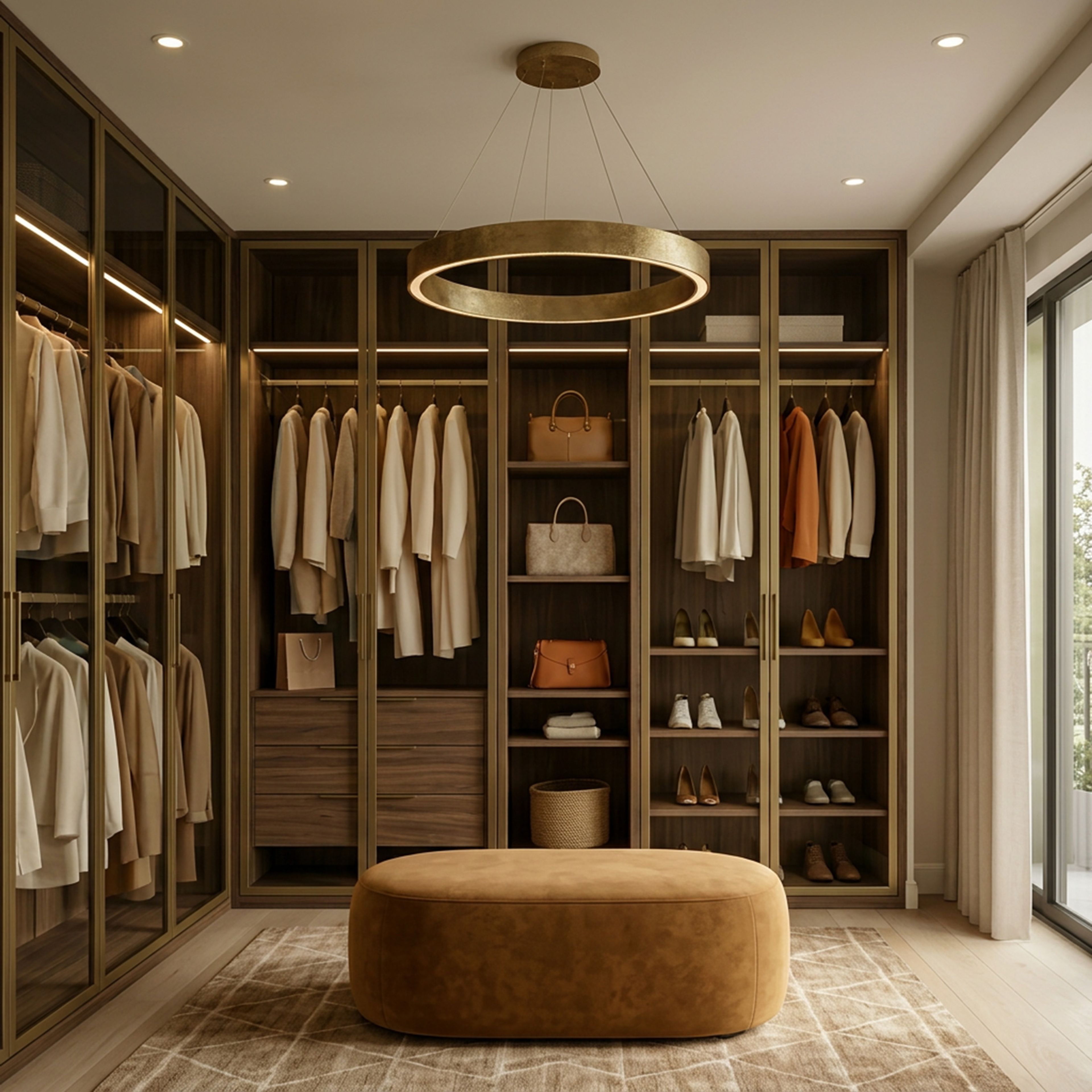 9-Door Contemporary Walnut Wood Walk-In Wardrobe Design with Glass Doors