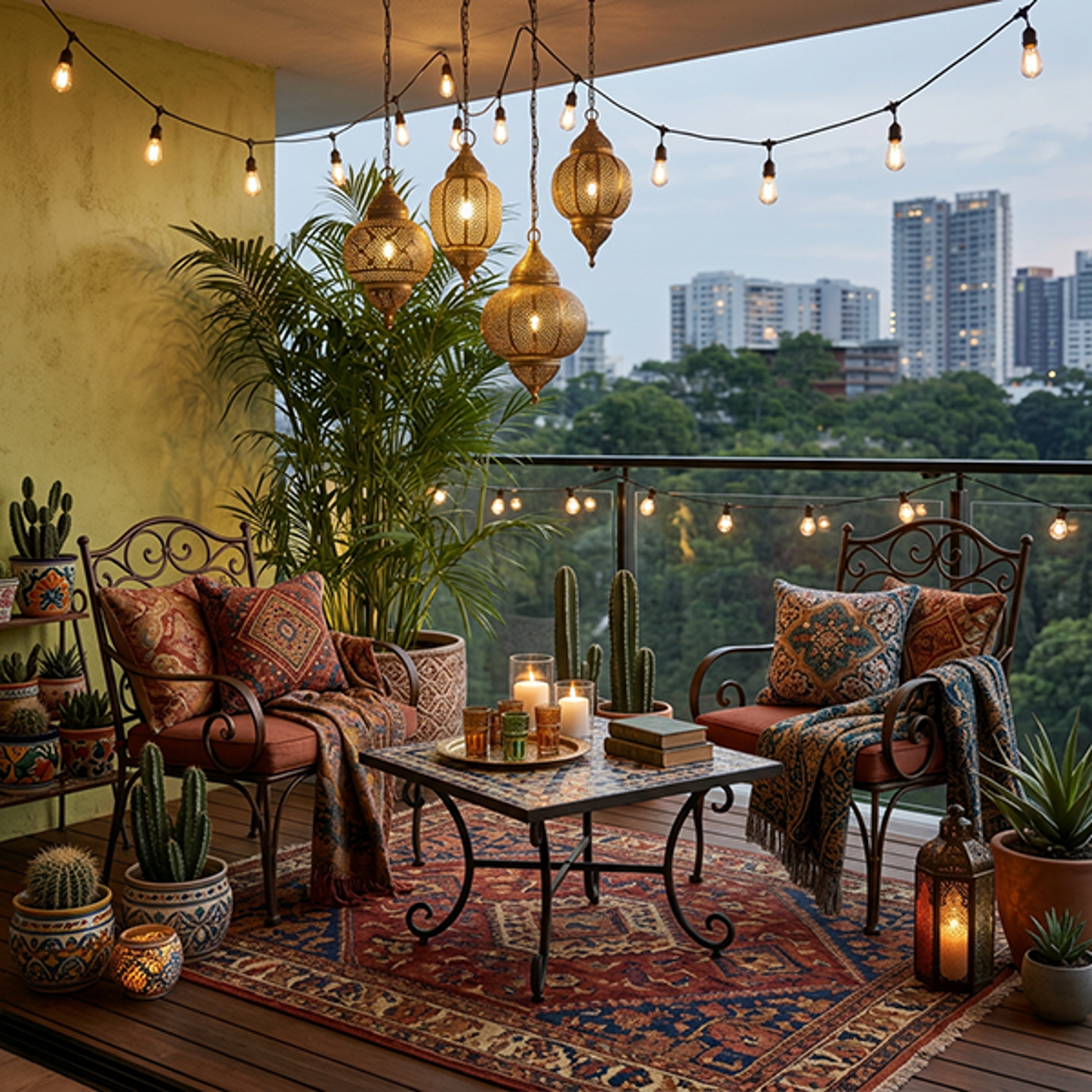 Yellow-Olive Accent Balcony Design with Brass Lanterns
