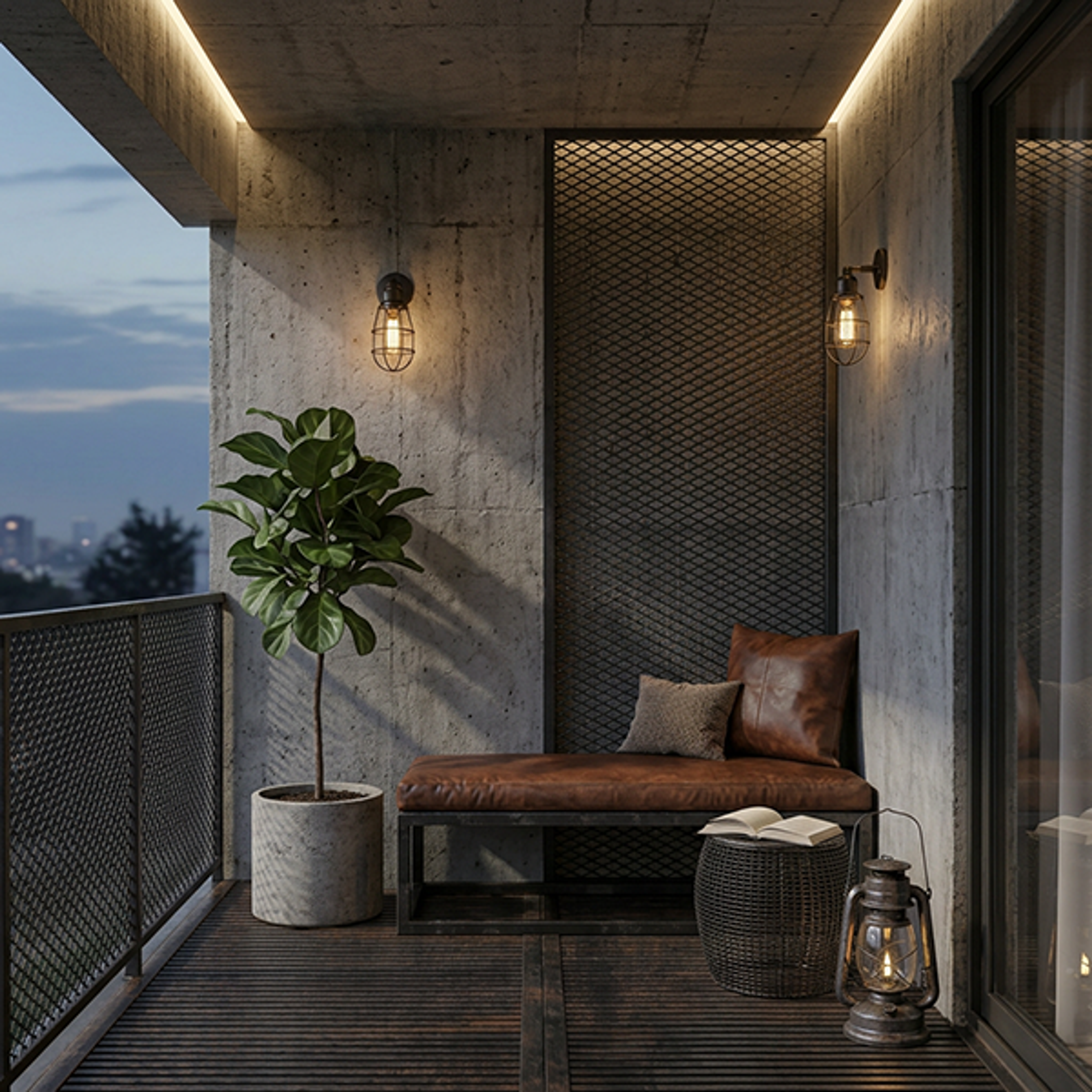 Metal Mesh Accent Balcony Design with Leather Seating