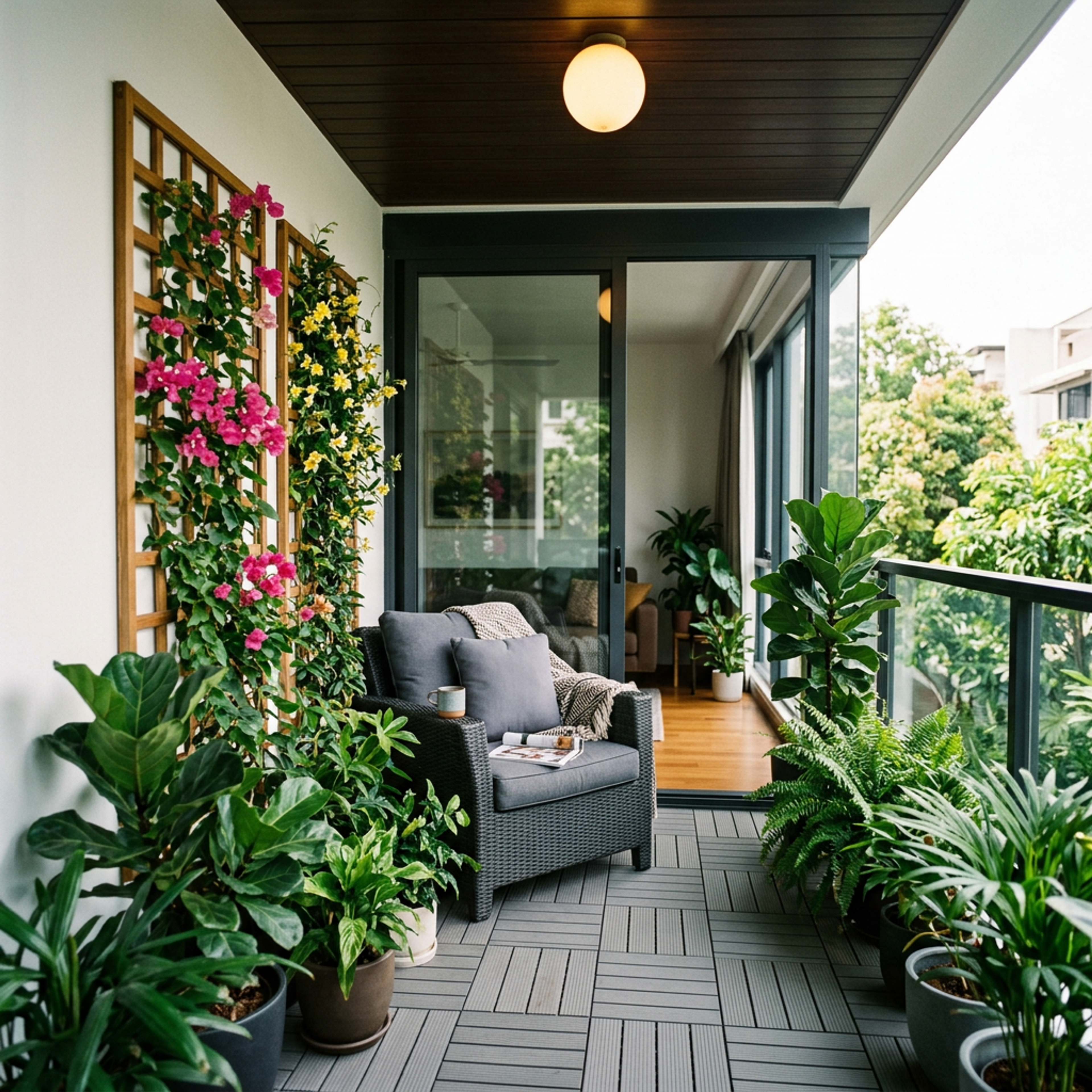 Balcony Design with Trellis Wall and Globe Light on the Ceiling