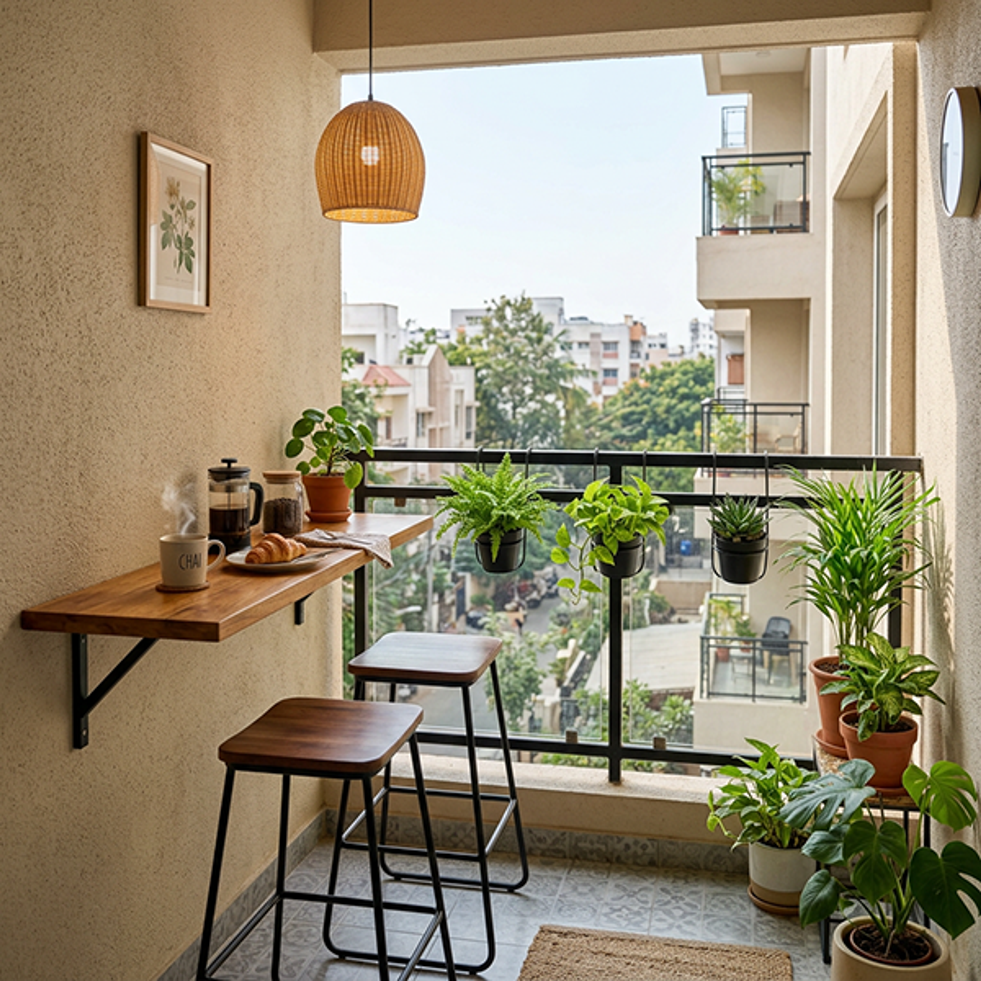 Modern Compact Balcony Design with Fold-Down Breakfast Bar