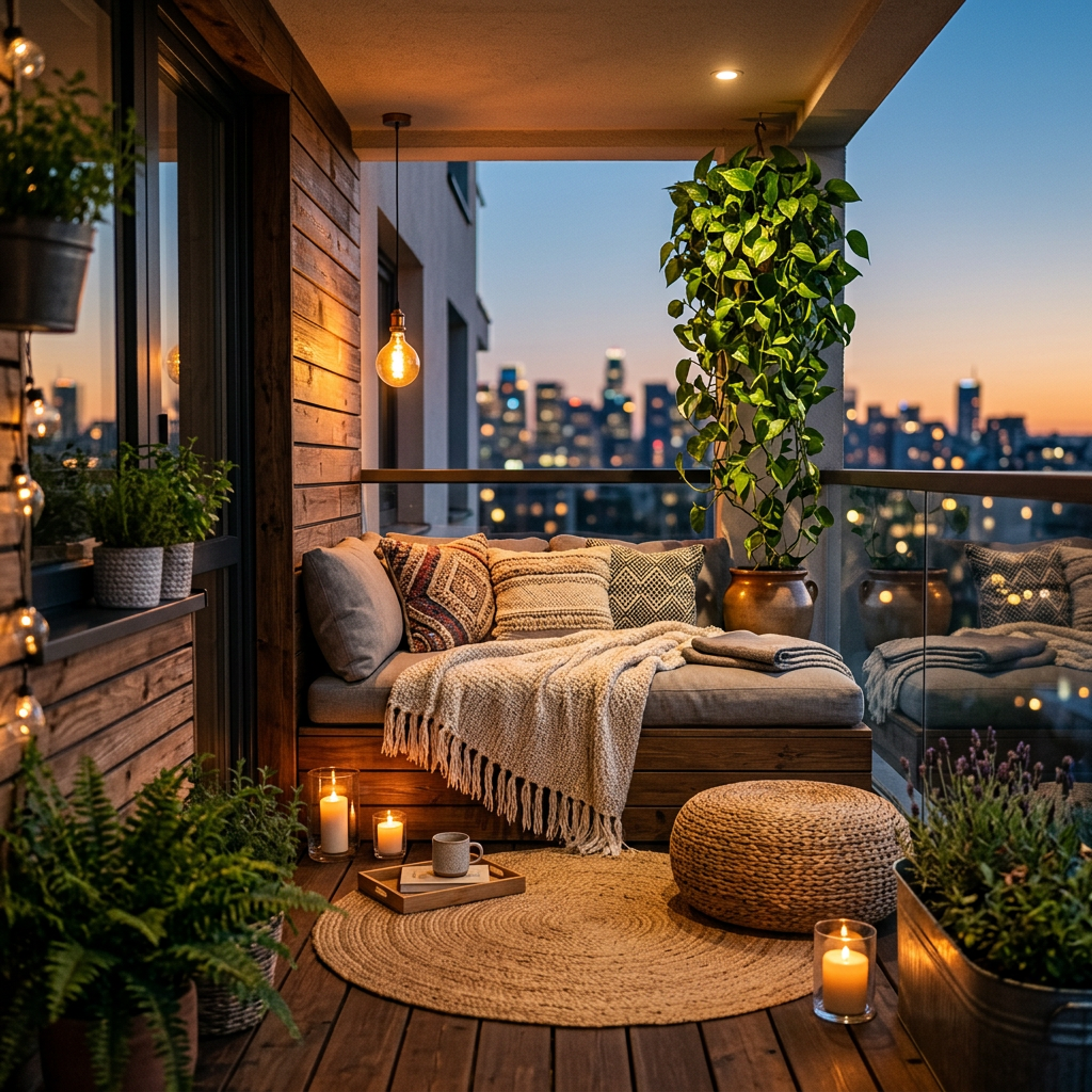 Balcony Design with Custom Wooden Daybed and Natural Wood Wall Cladding