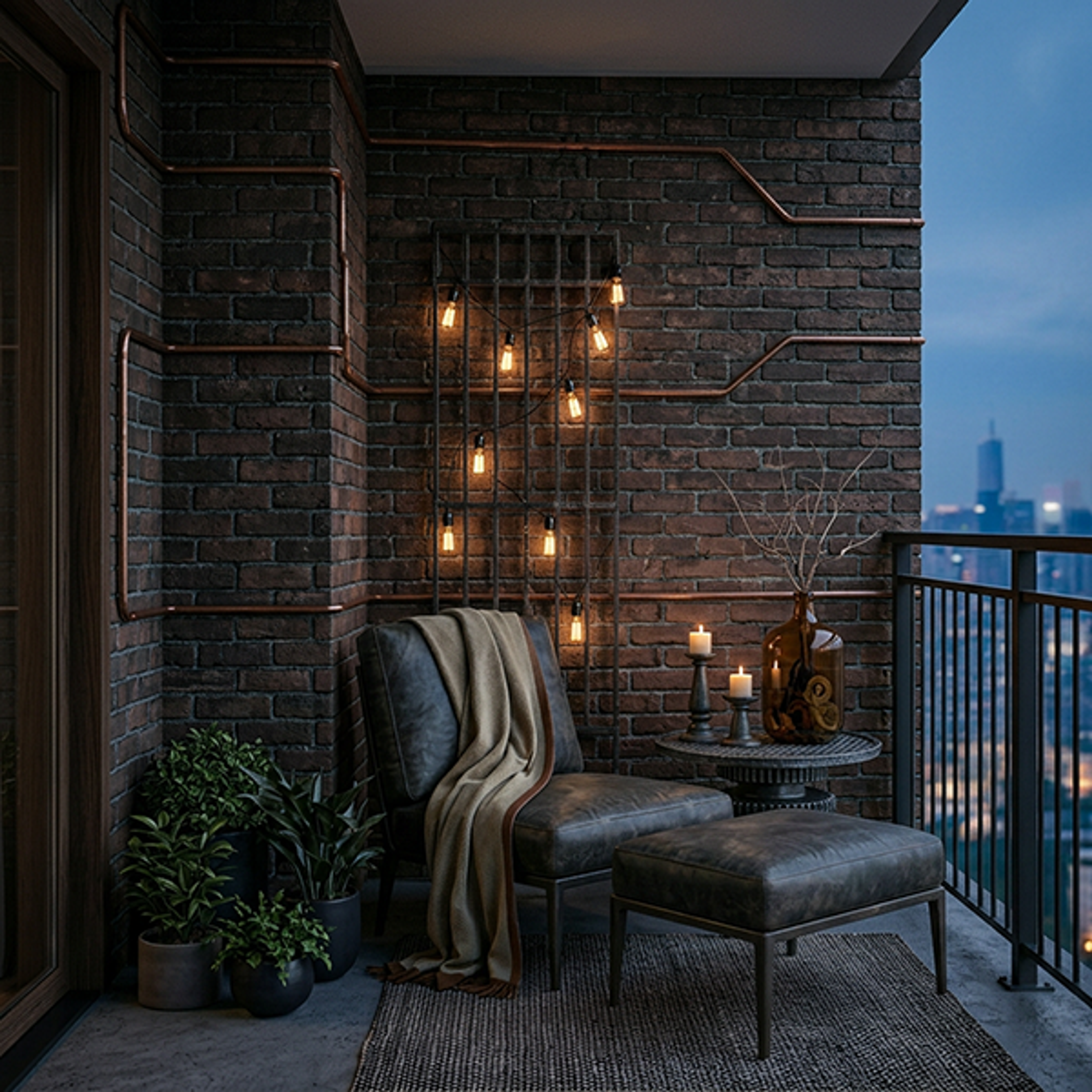 Leather Seating Balcony Design with Exposed Brick Wall
