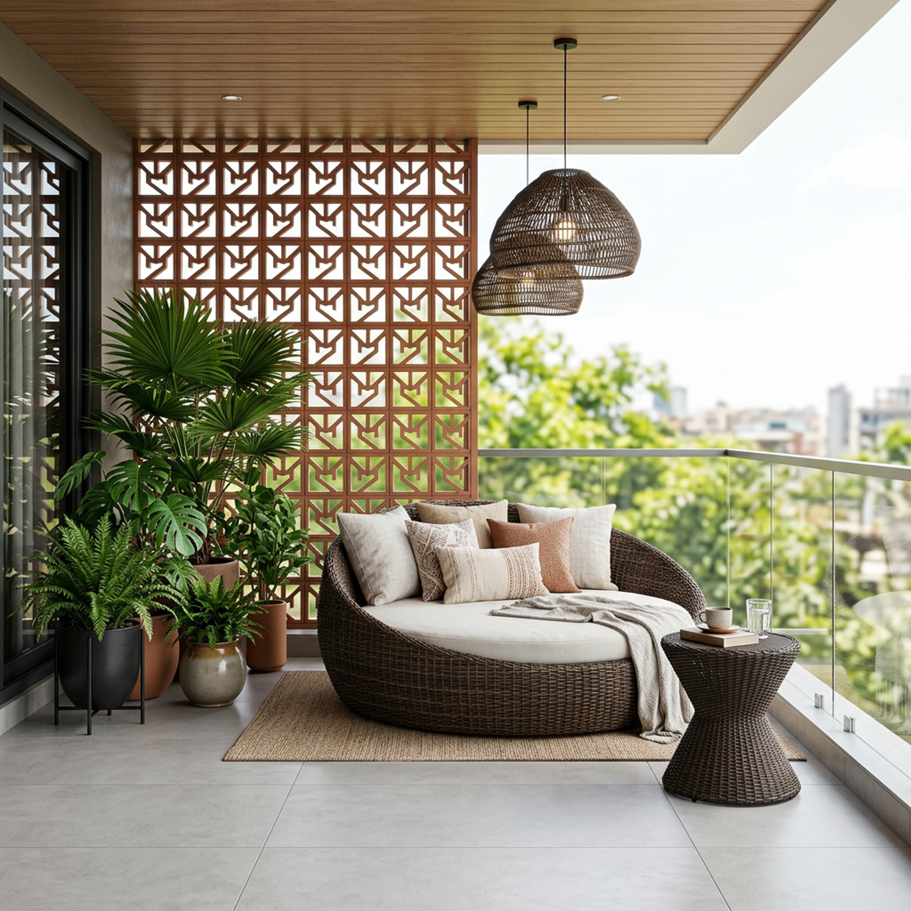 Balcony Design with Rattan Sofa and Glass Railing