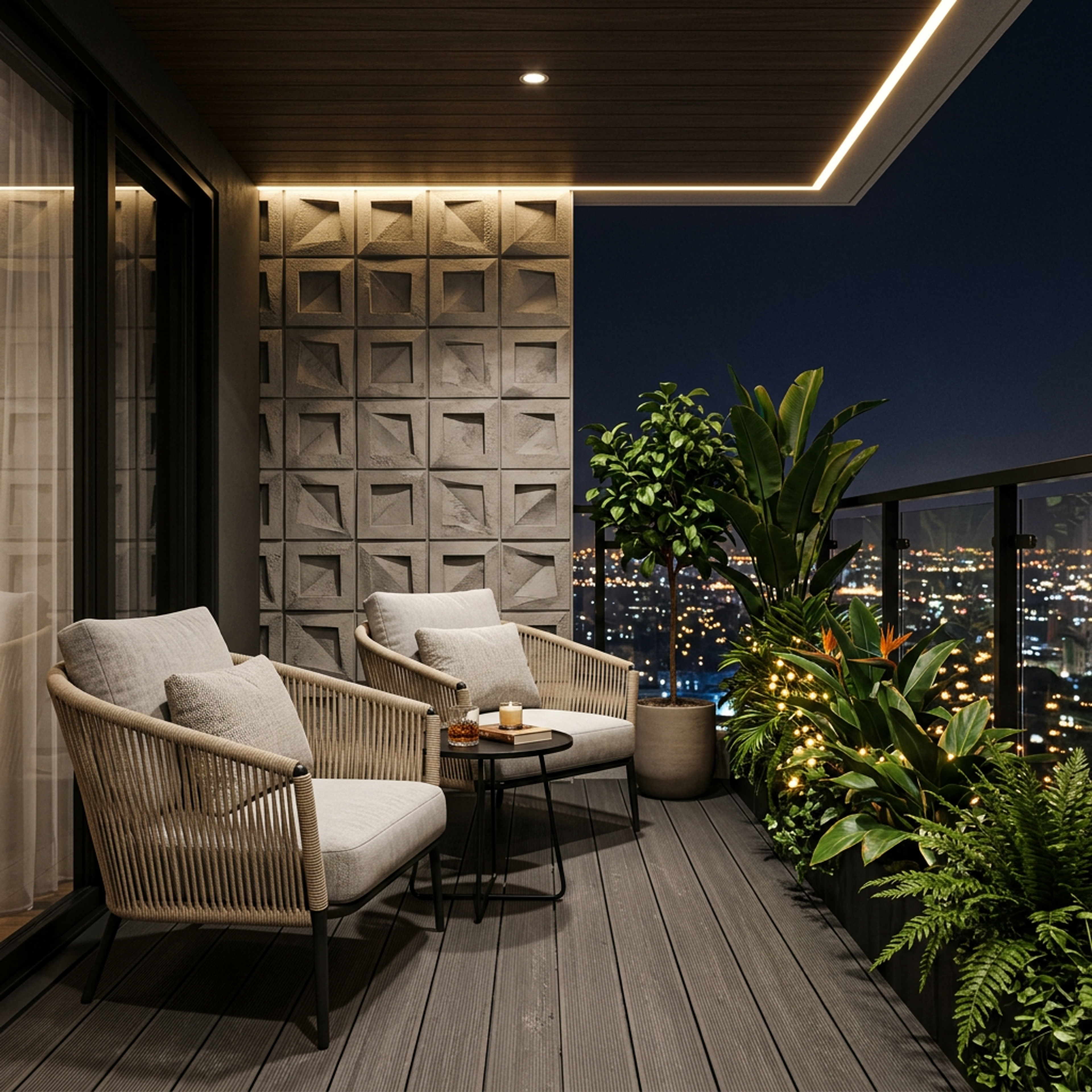 Armchairs and Textured wall complemts the wooden flooring and the ceiling