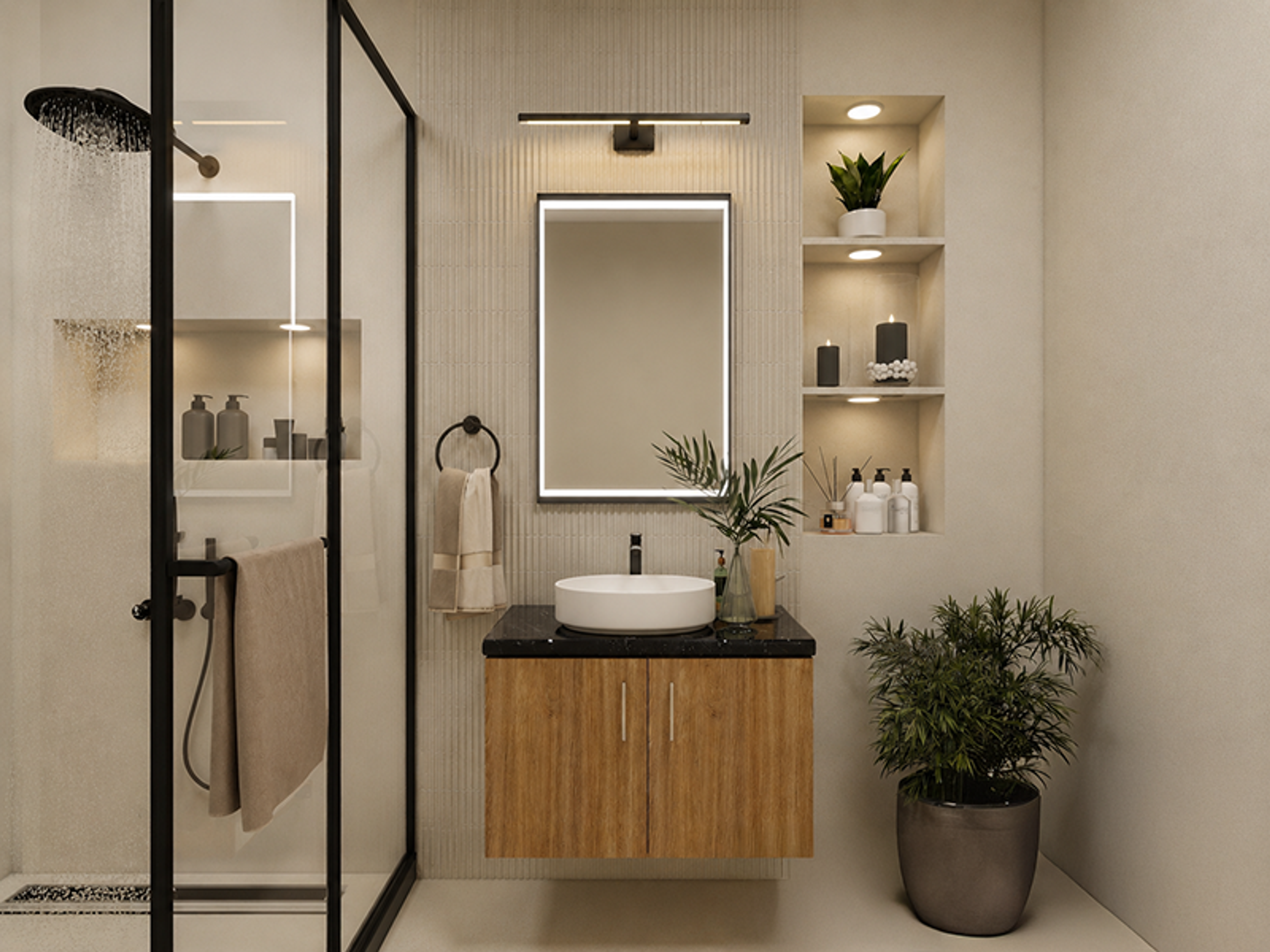 Bathroom Design with Beige Tiles and Glass Display Shelves