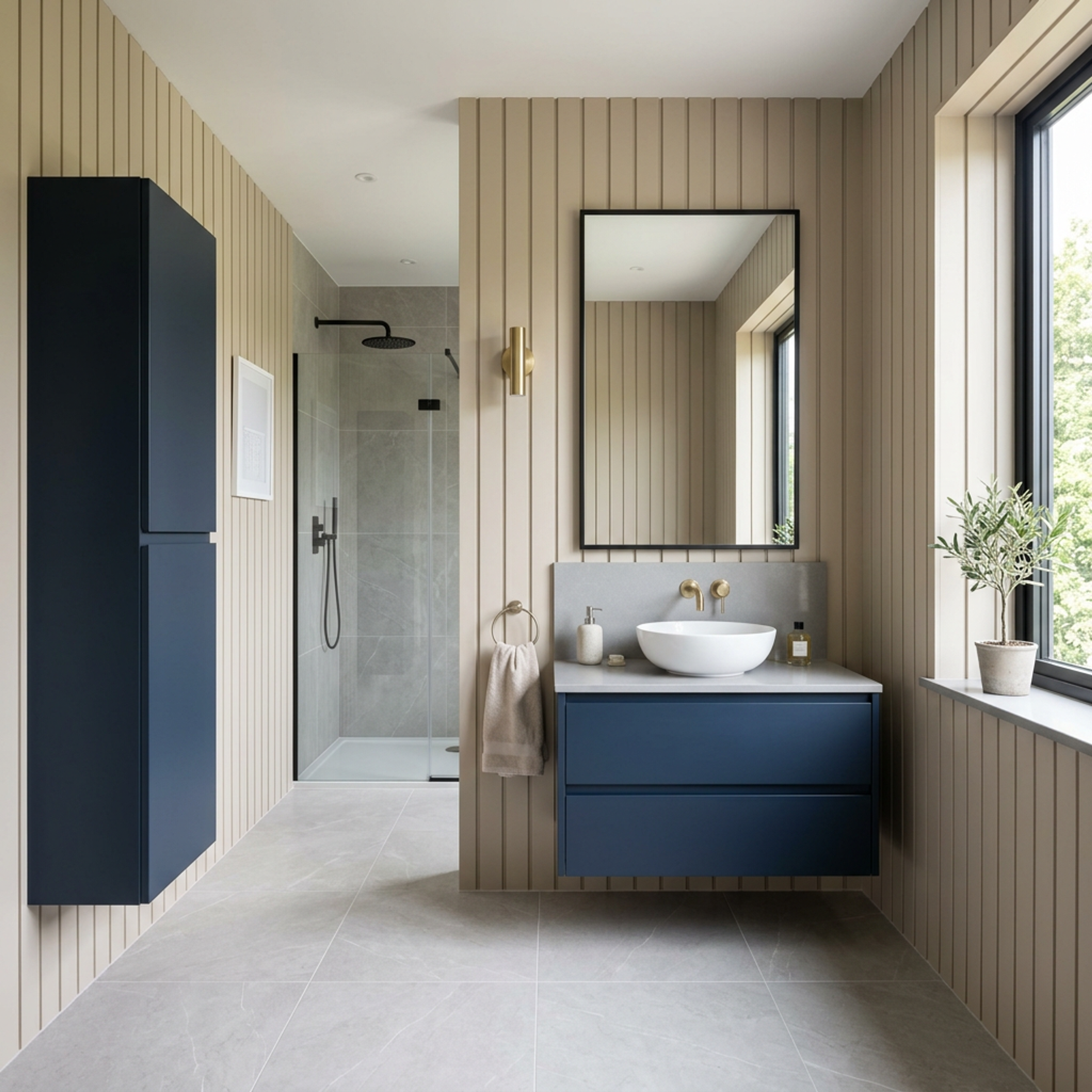 Contemporary Bathroom Design with Navy Blue Vanity Storage