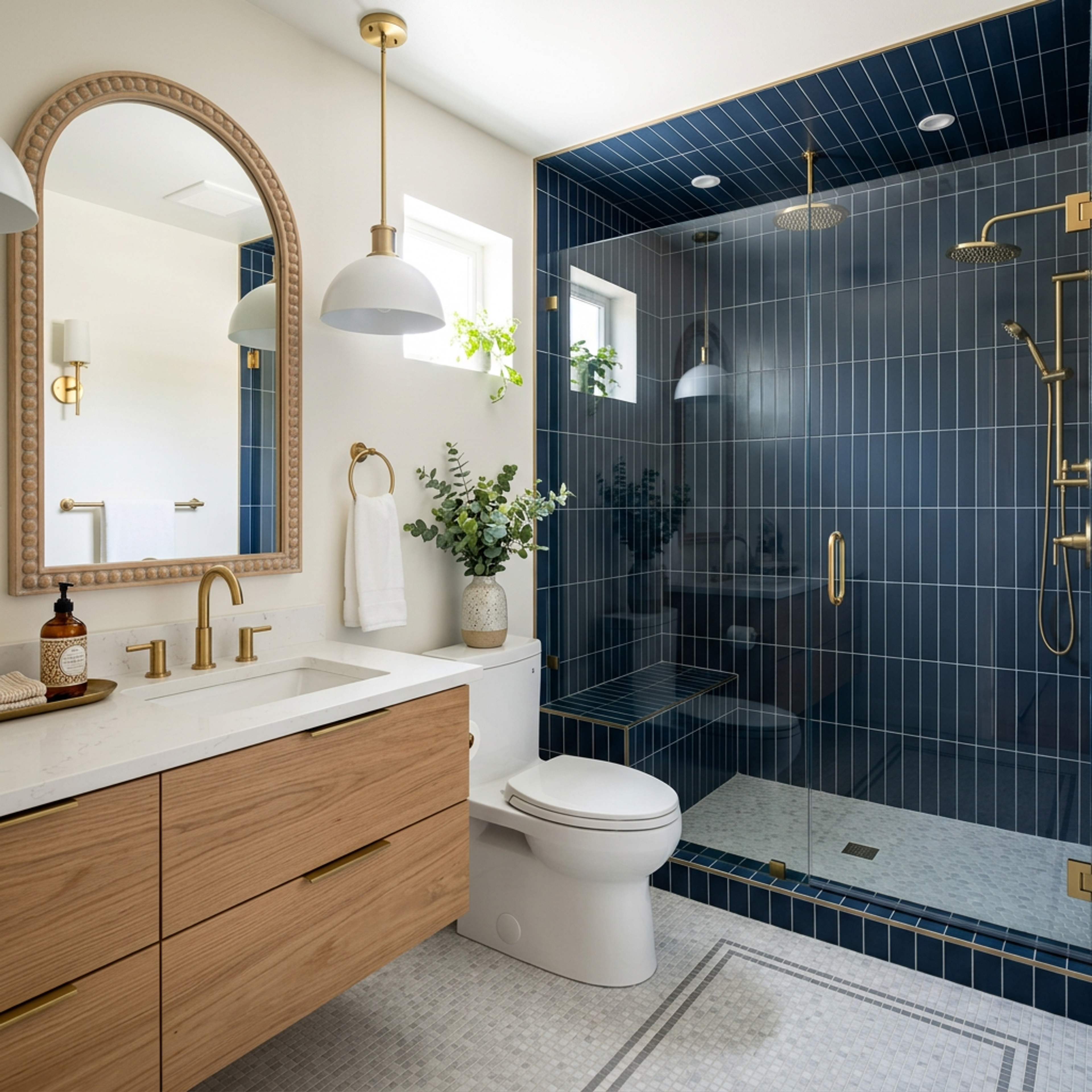 Contemporary Bathroom Design with Navy Blue Accent Tiles