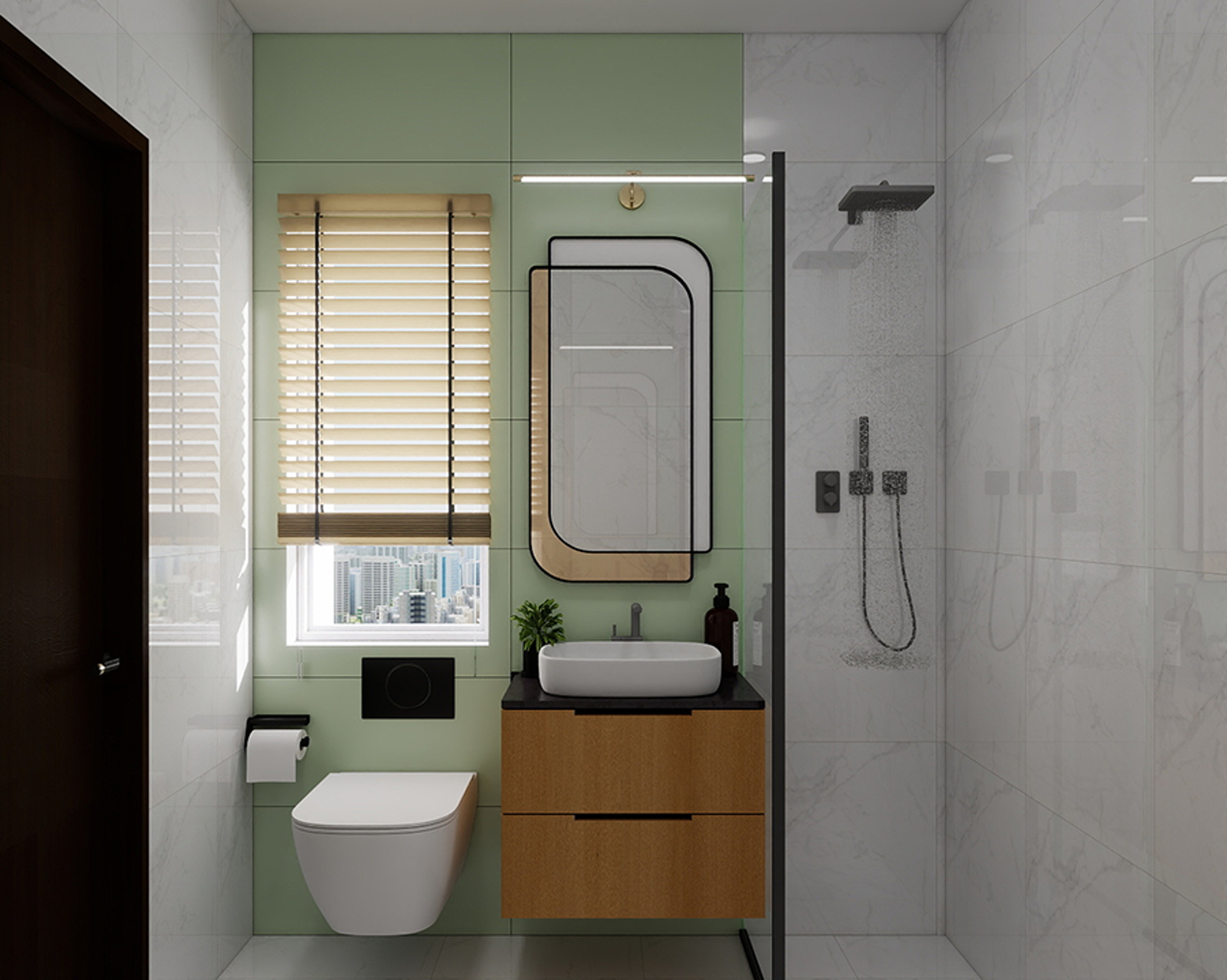 Sage Green Bathroom Design with Floating Vanity and Rectangular Mirror