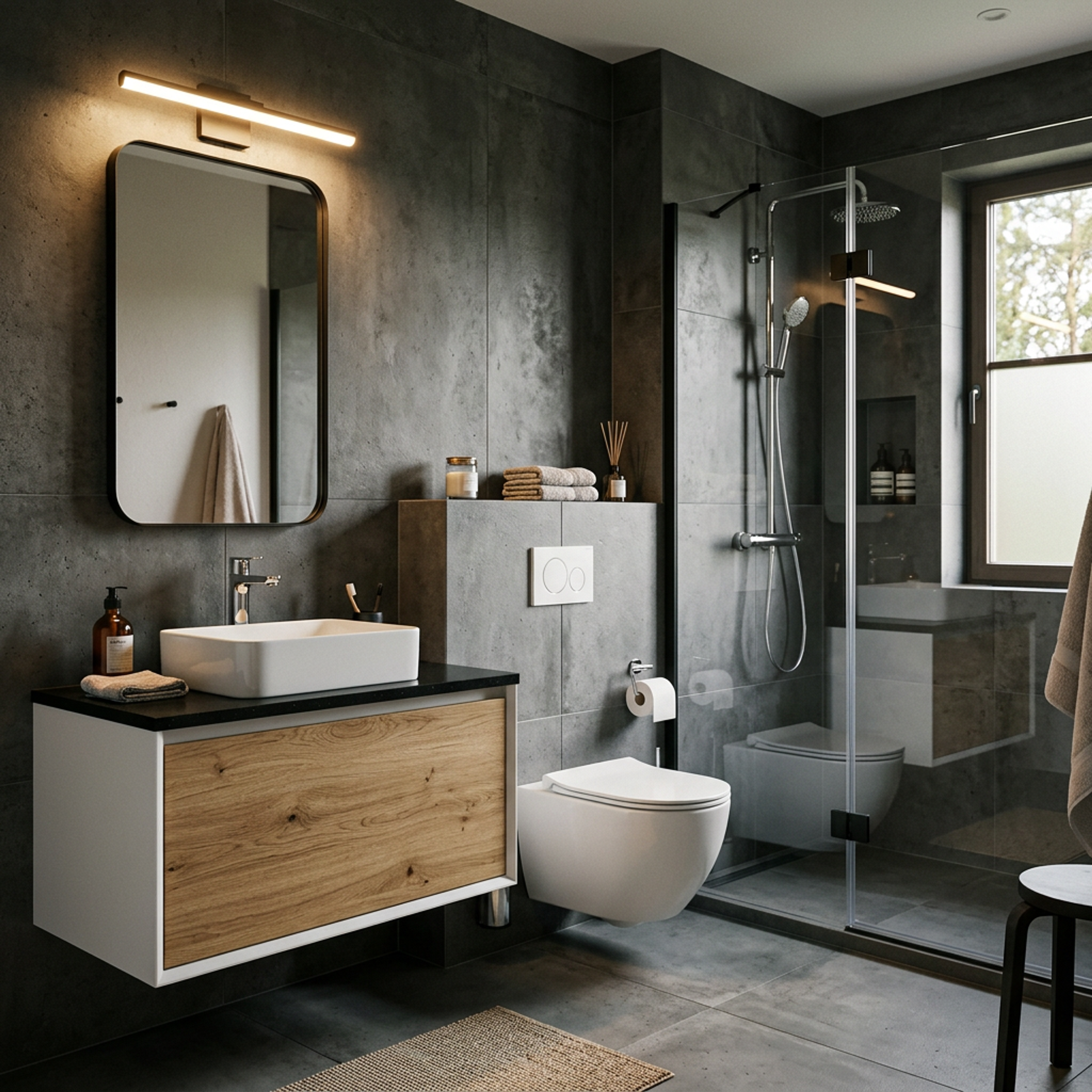 Charcoal Slate Bathroom Design with Walnut Wood Vanity