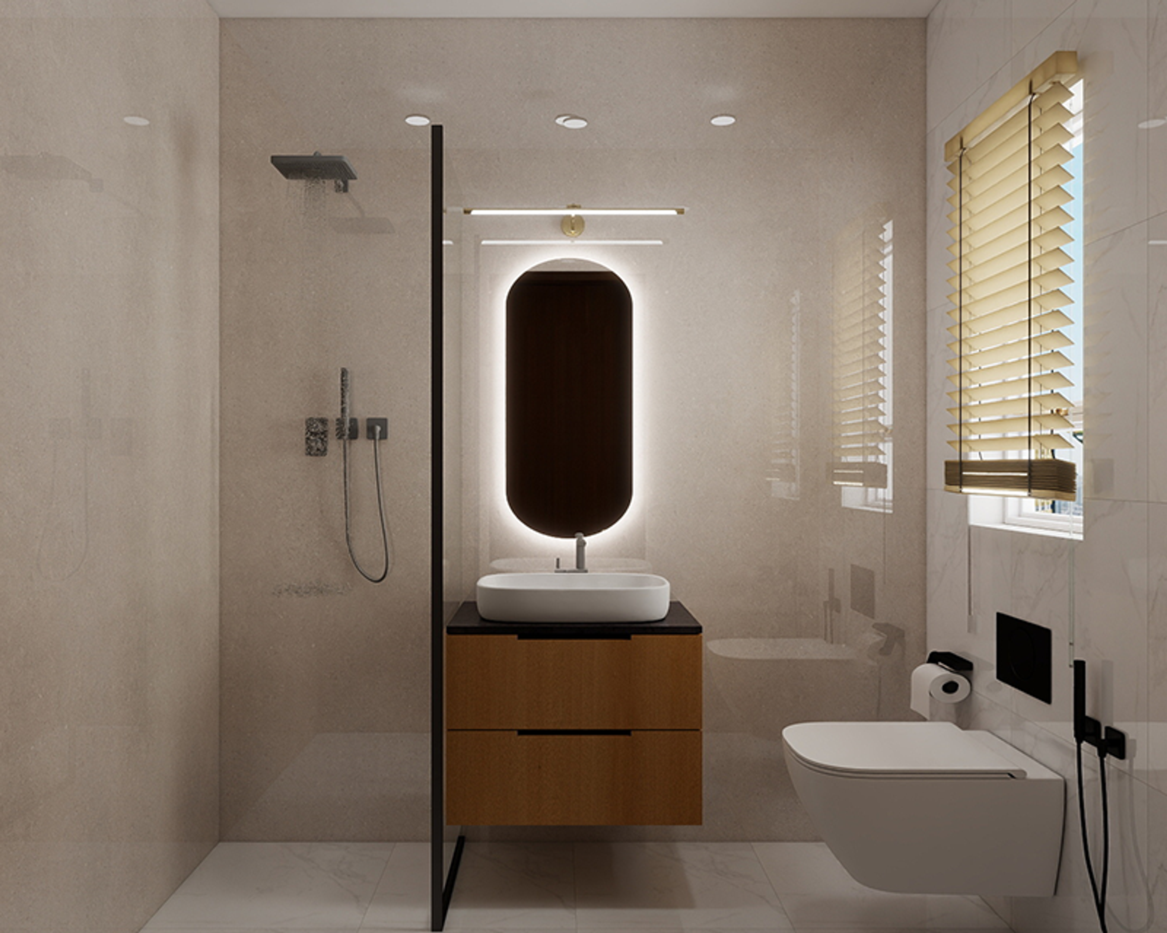 Beige White Bathroom Design with Oval Backlit Mirror and Vanity