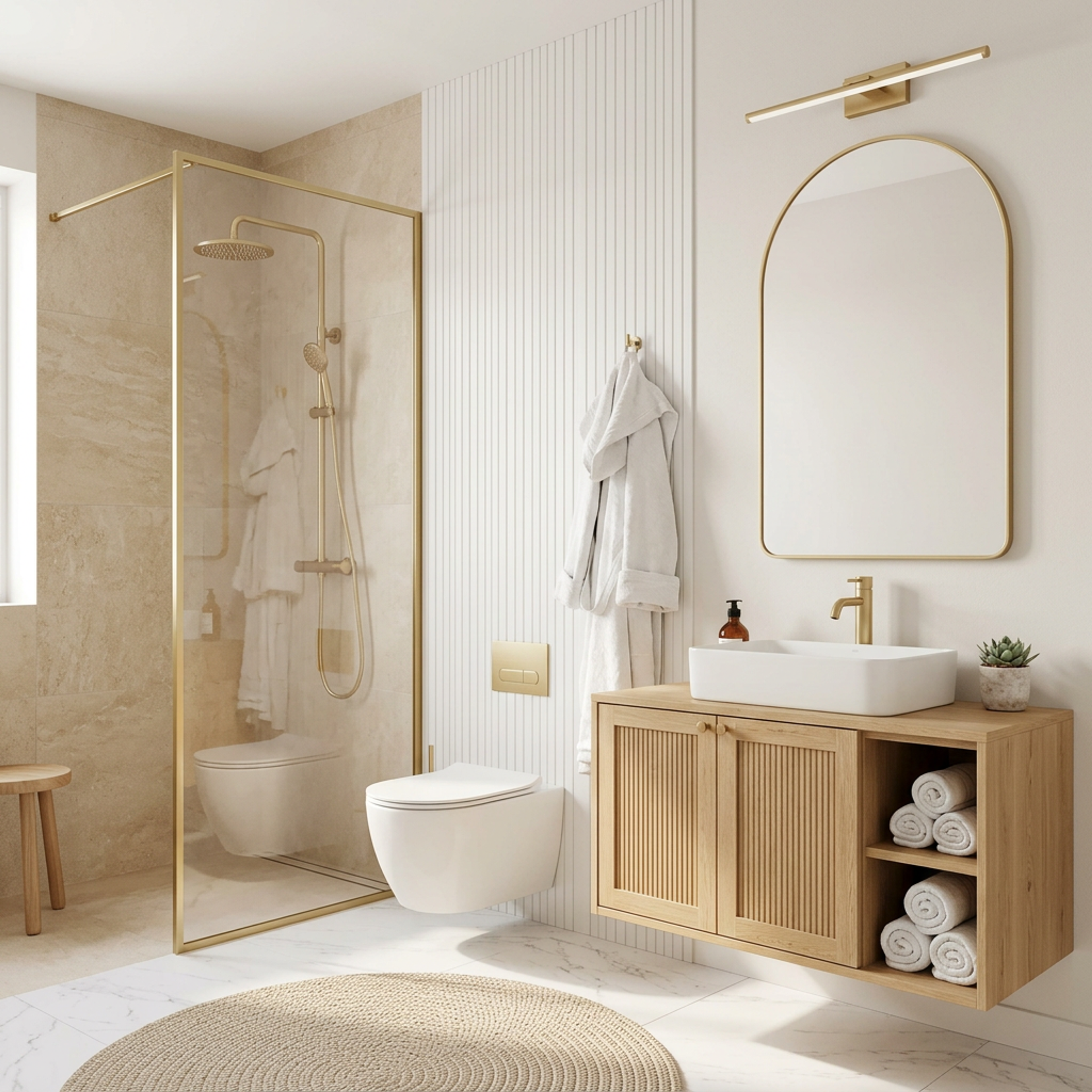 Minimalist Warm Beige Bathroom Design with Brushed Brass Accents